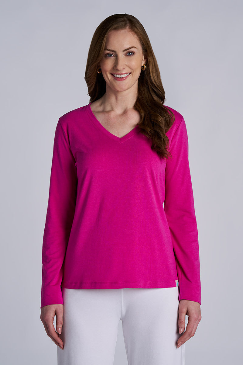 Women's Morada Everyday Long Sleeve V-Neck T-Shirt | Fuchsia
