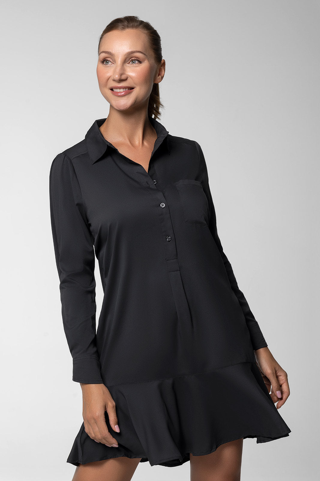 Women's Castaneda Flared Shirt Dress with Long Sleeves | Black