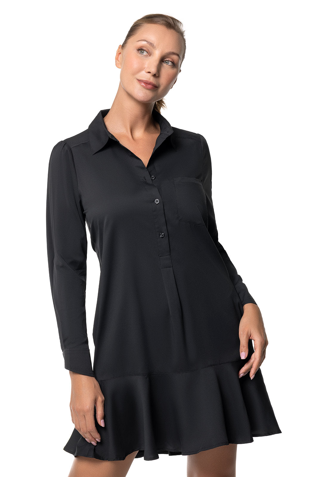 Women's Castaneda Flared Shirt Dress with Long Sleeves | Black