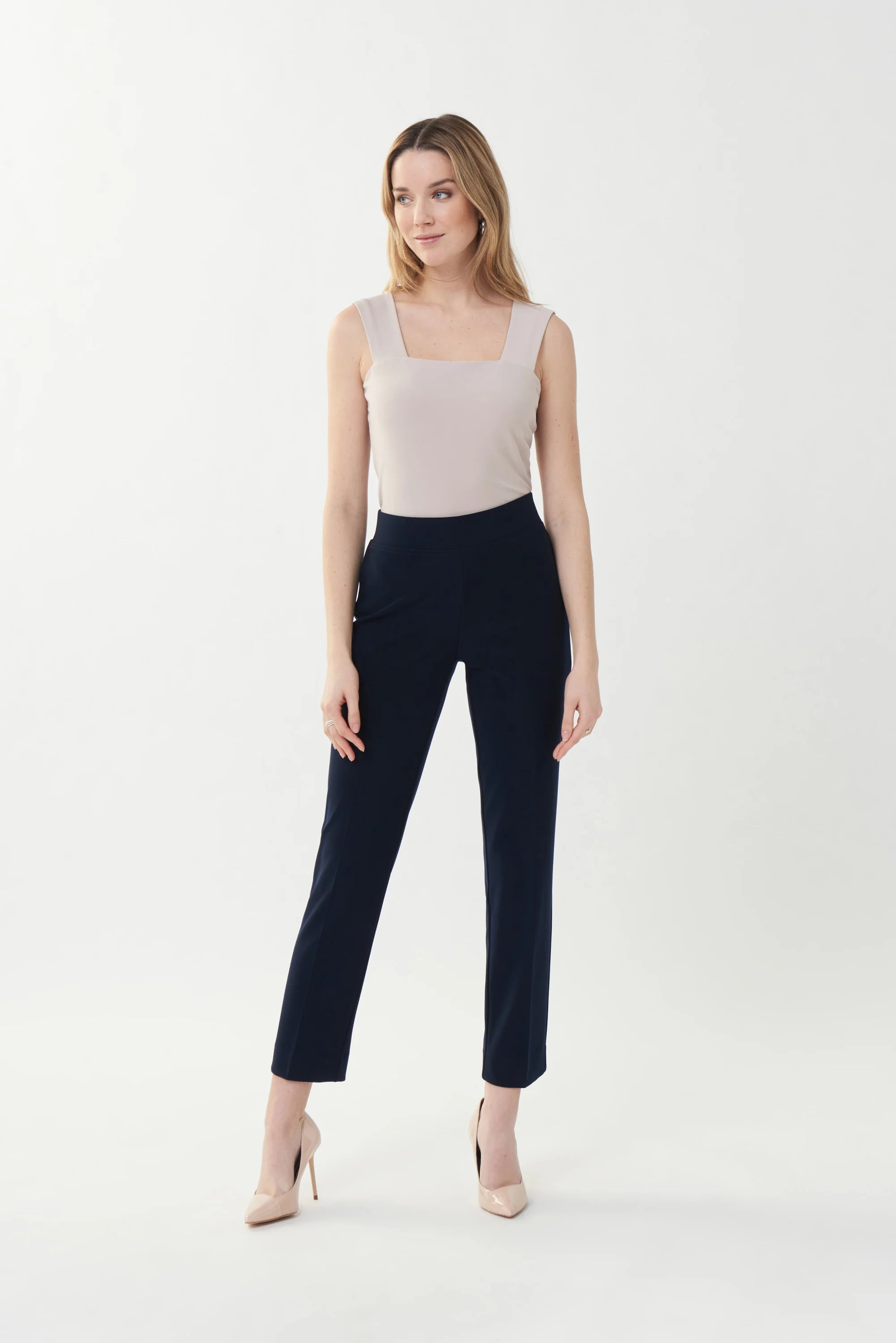 Front image of Joseph Ribkoff classic straight pant in midnight blue.