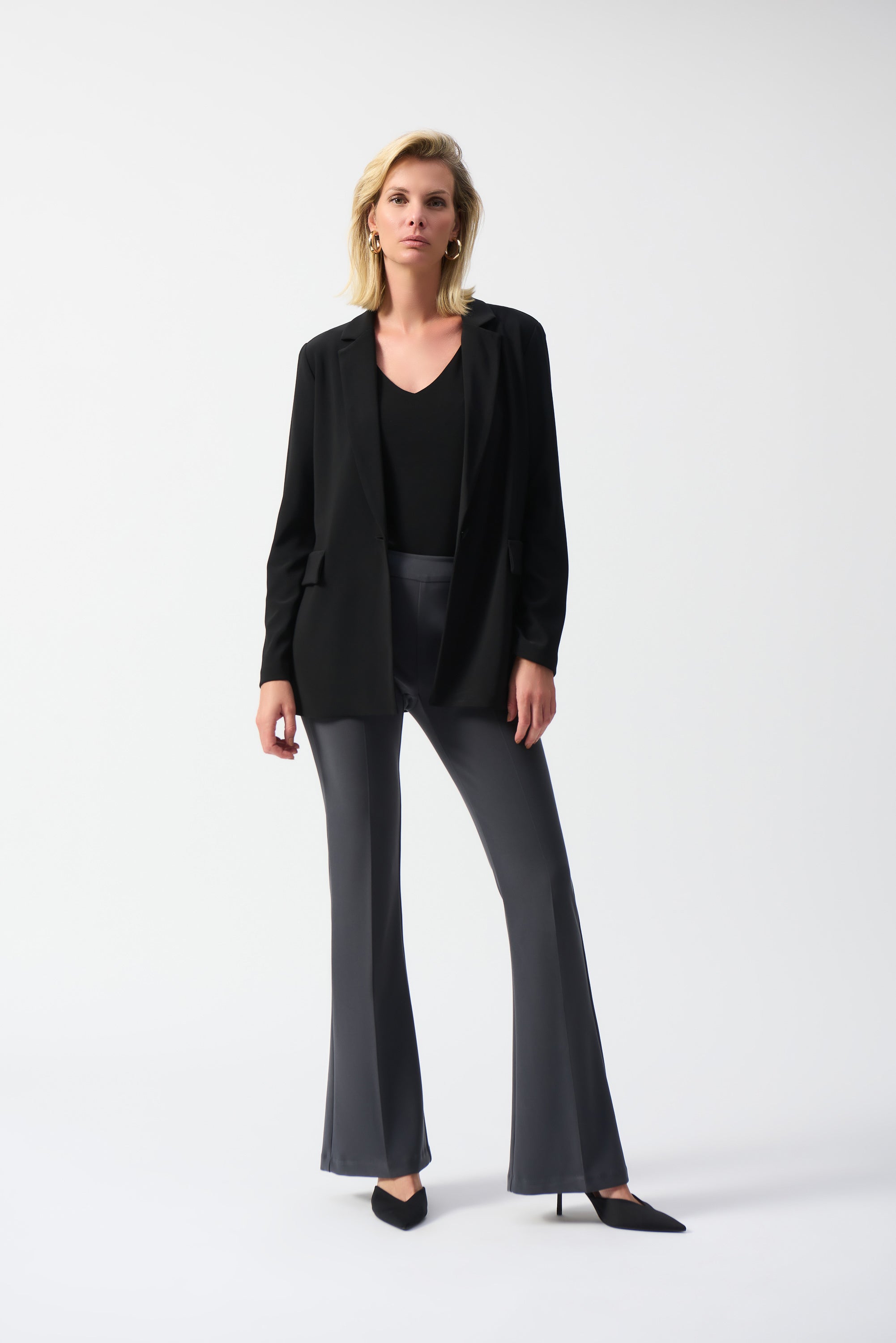 Front image of Joseph Ribkoff pull on flare pant in slate grey.