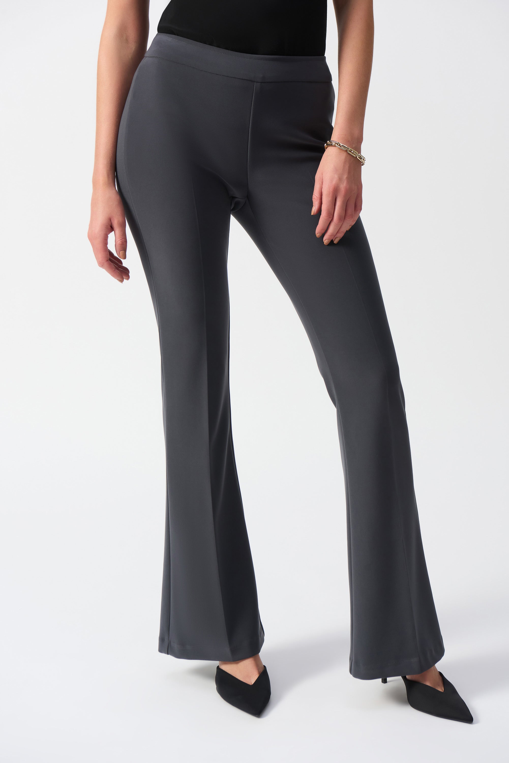Front image of Joseph Ribkoff pull on flare pant in slate grey.