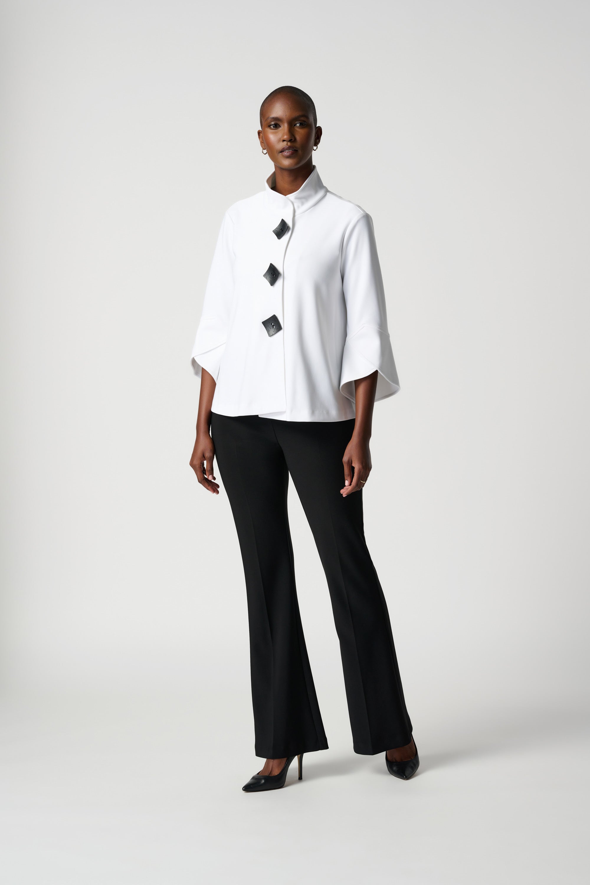 Front image of Joseph Ribkoff classic flared pants in black.