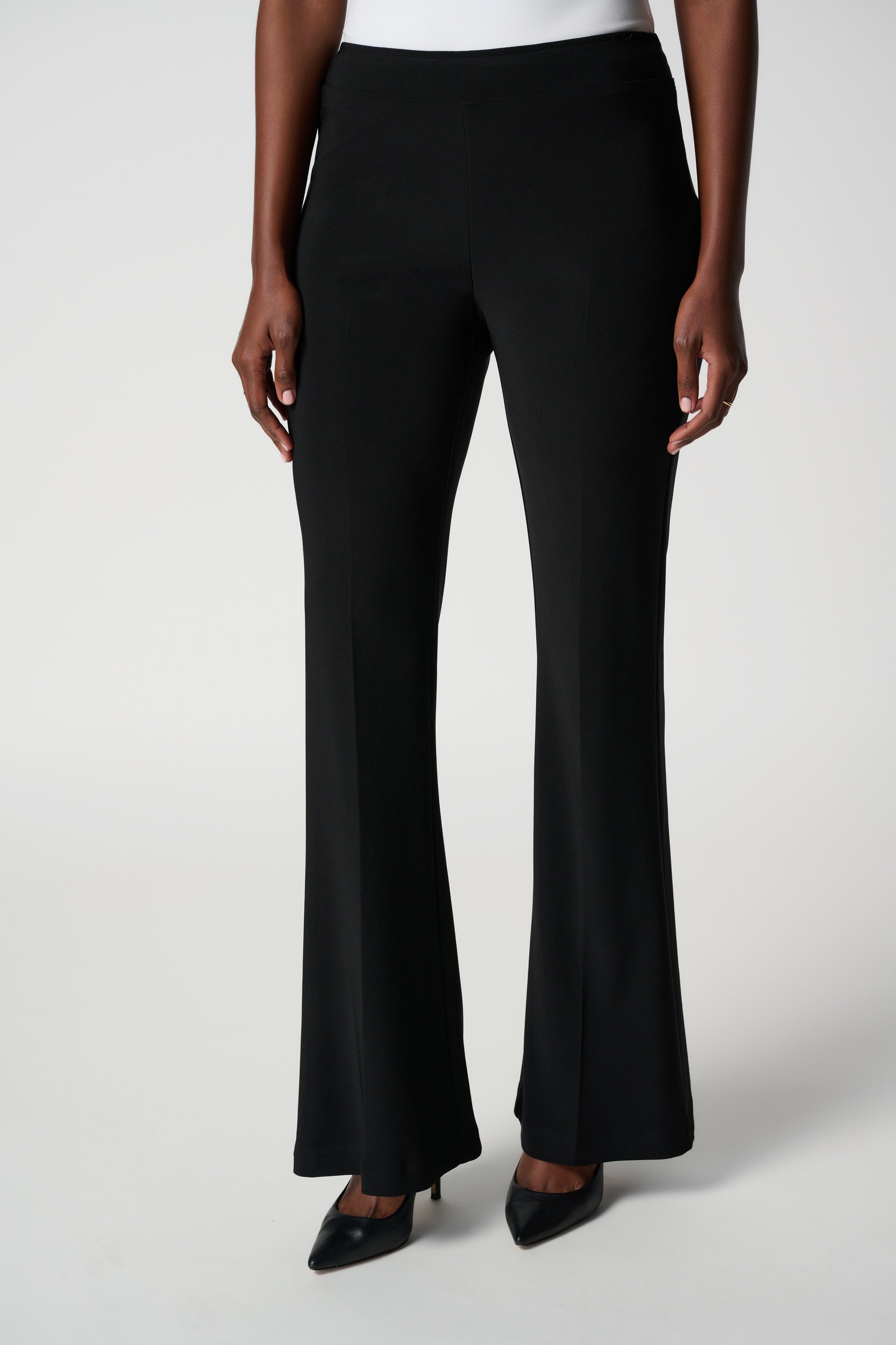 Front image of Joseph Ribkoff classic flared pants in black.