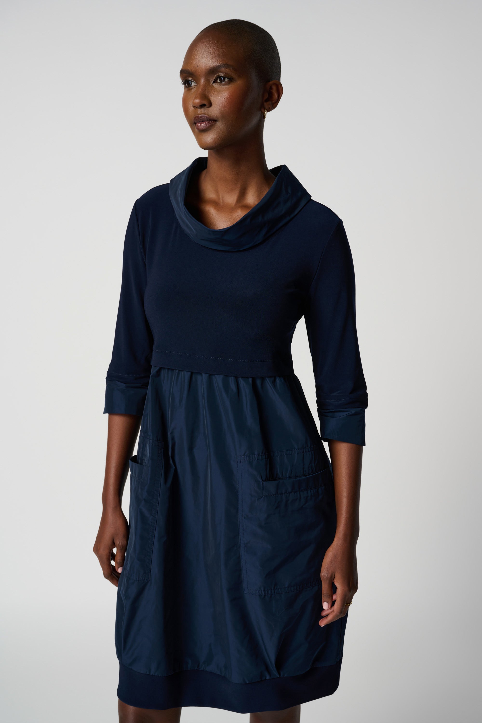 Front image of Joseph Ribkoff midnight blue cocoon dress.
