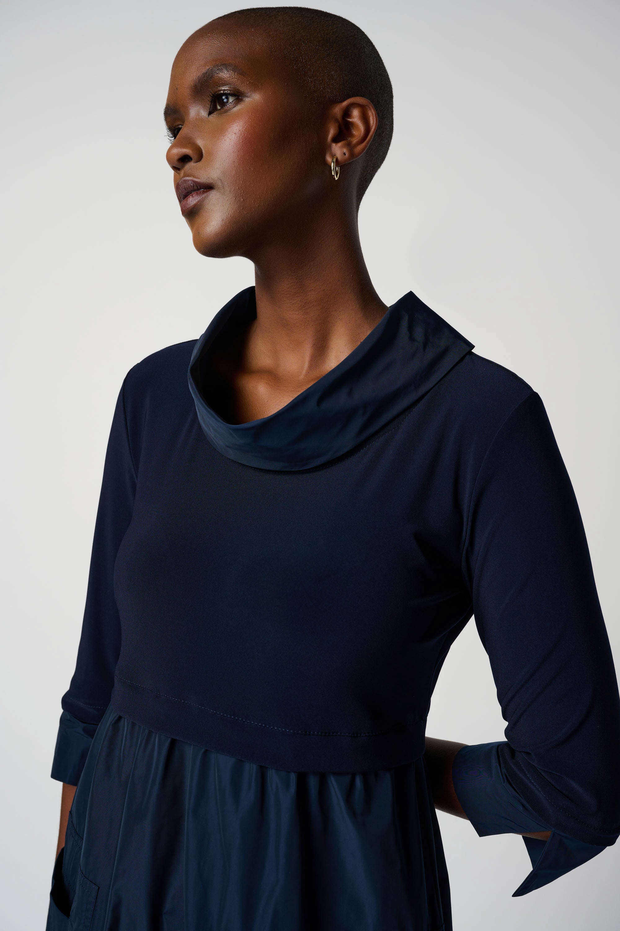 Front detail image of Joseph Ribkoff midnight blue cocoon dress.