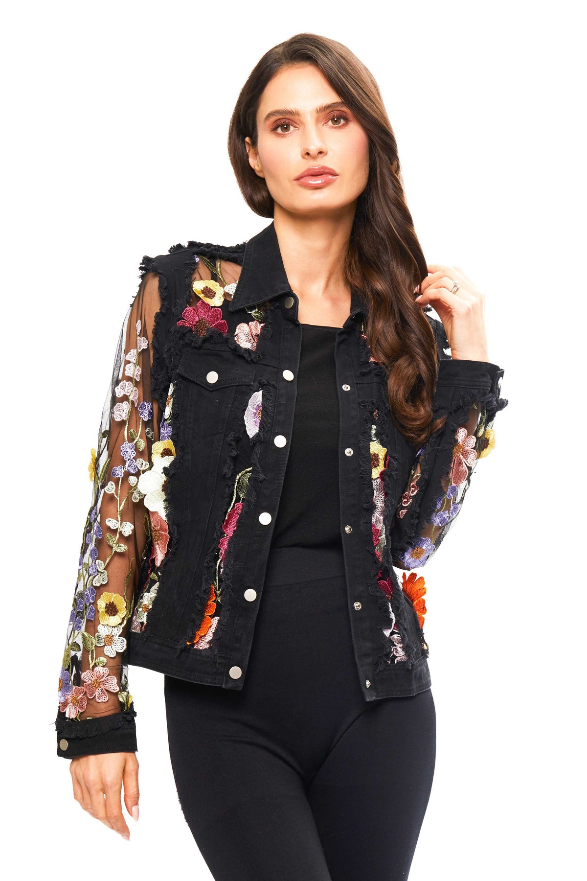 FINAL SALE - Embroidered Denim Jacket with Frayed Edge
