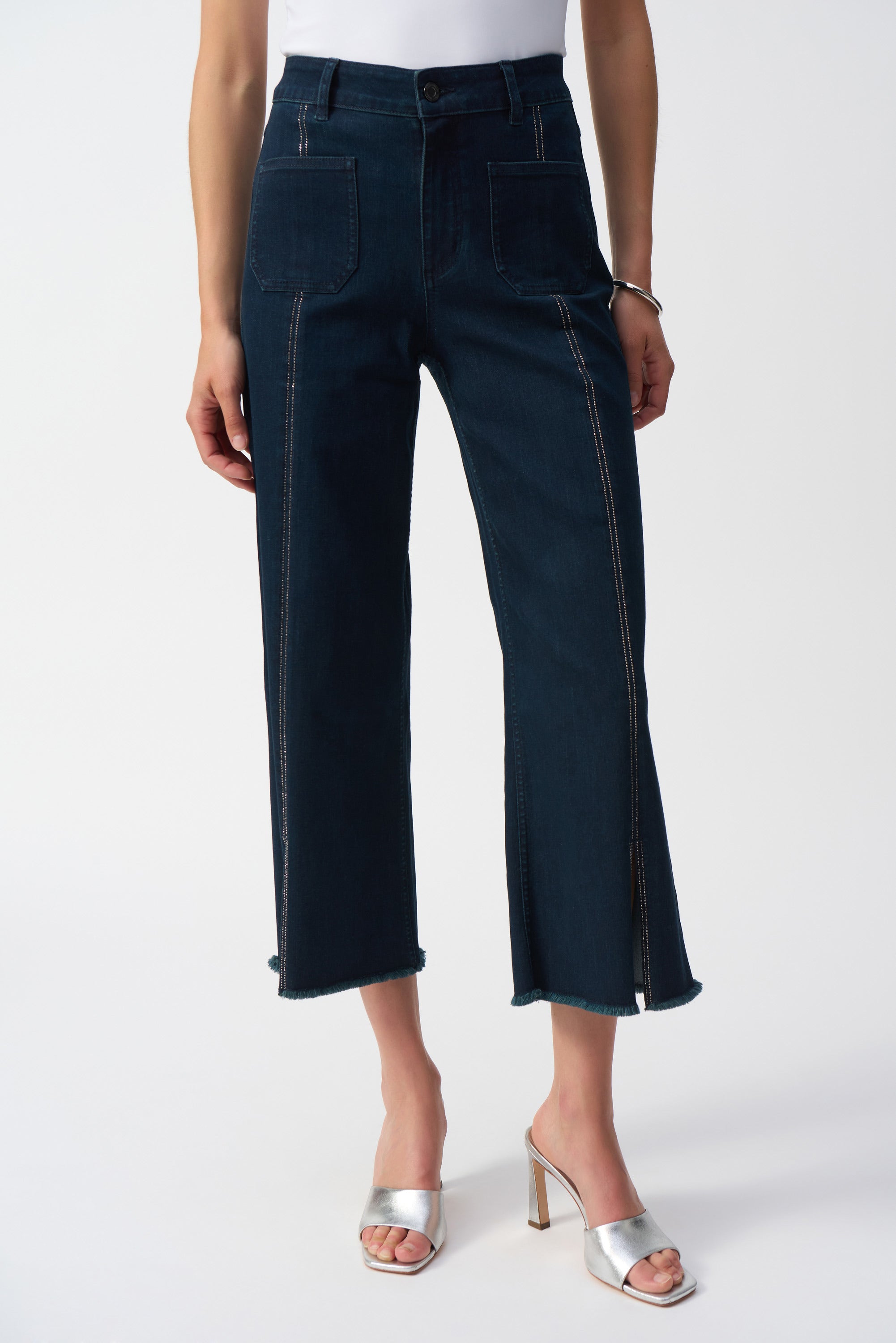 Front image of Joseph Ribkoff culotte jean with embellishments.