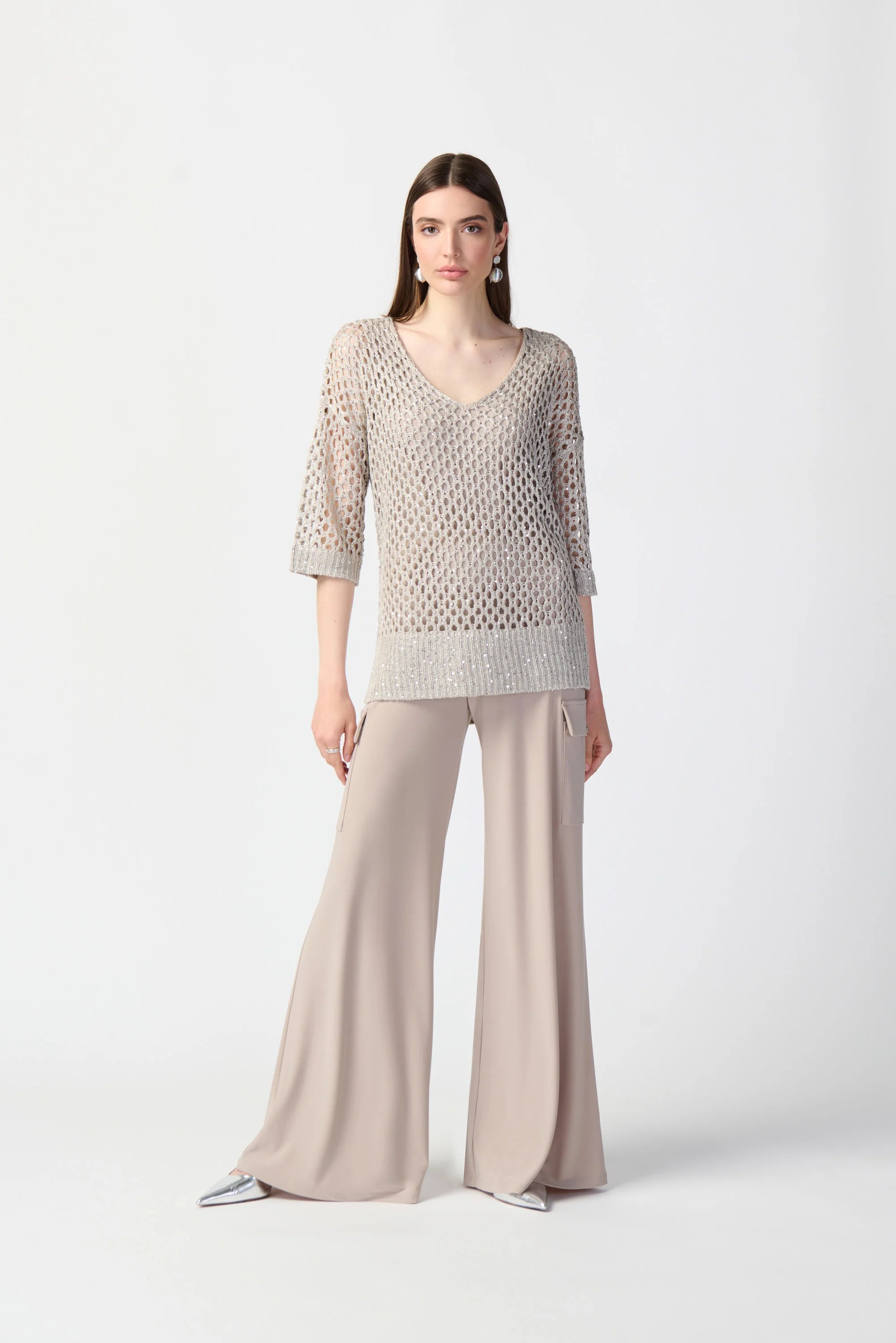 Front image of Joseph Ribkoff open stitch sweater in champagne.