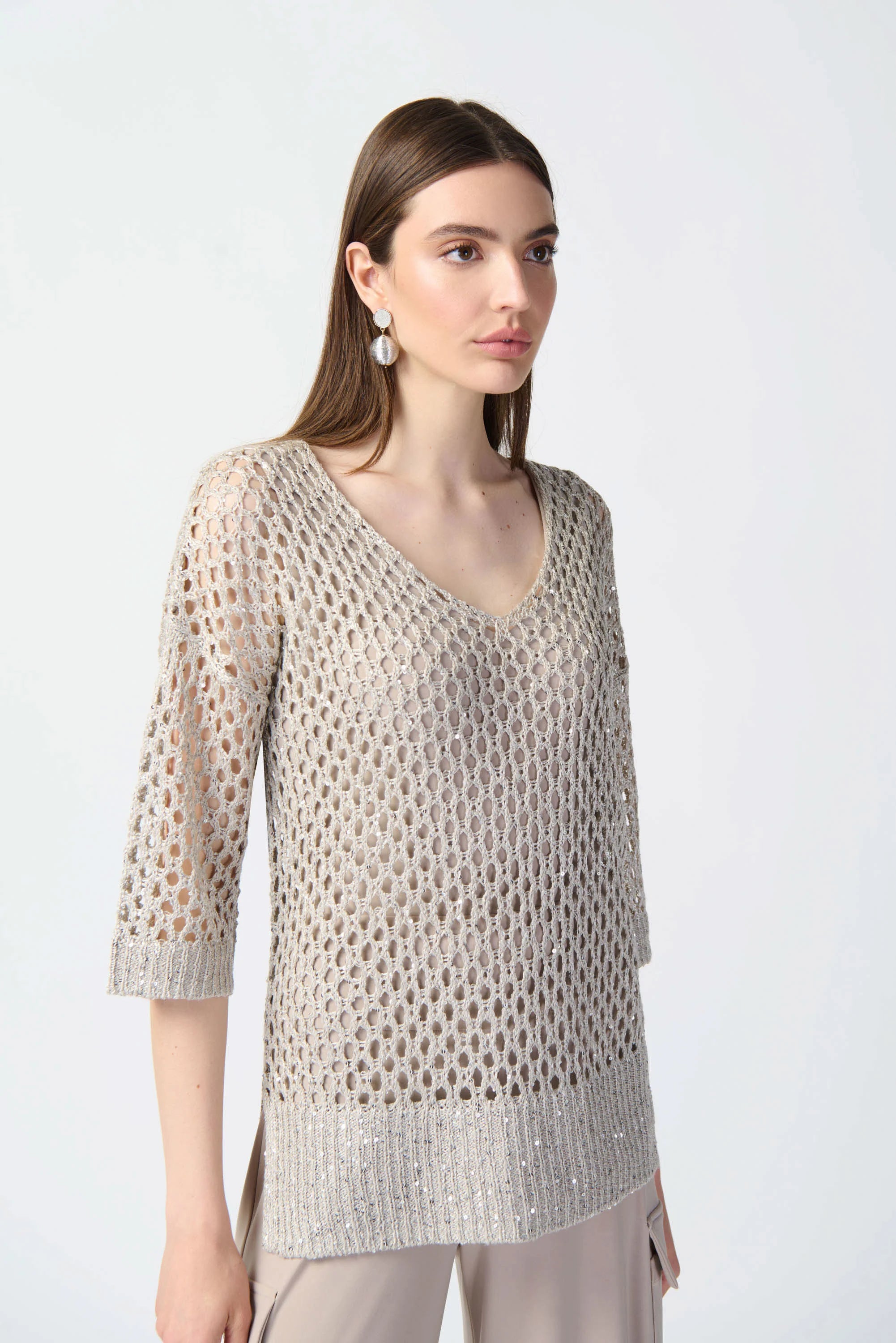 Front image of Joseph Ribkoff open stitch sweater in champagne.