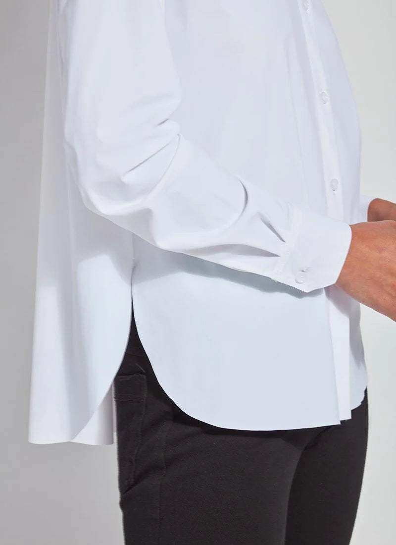 Side detail image of Lysse white button down connie top.