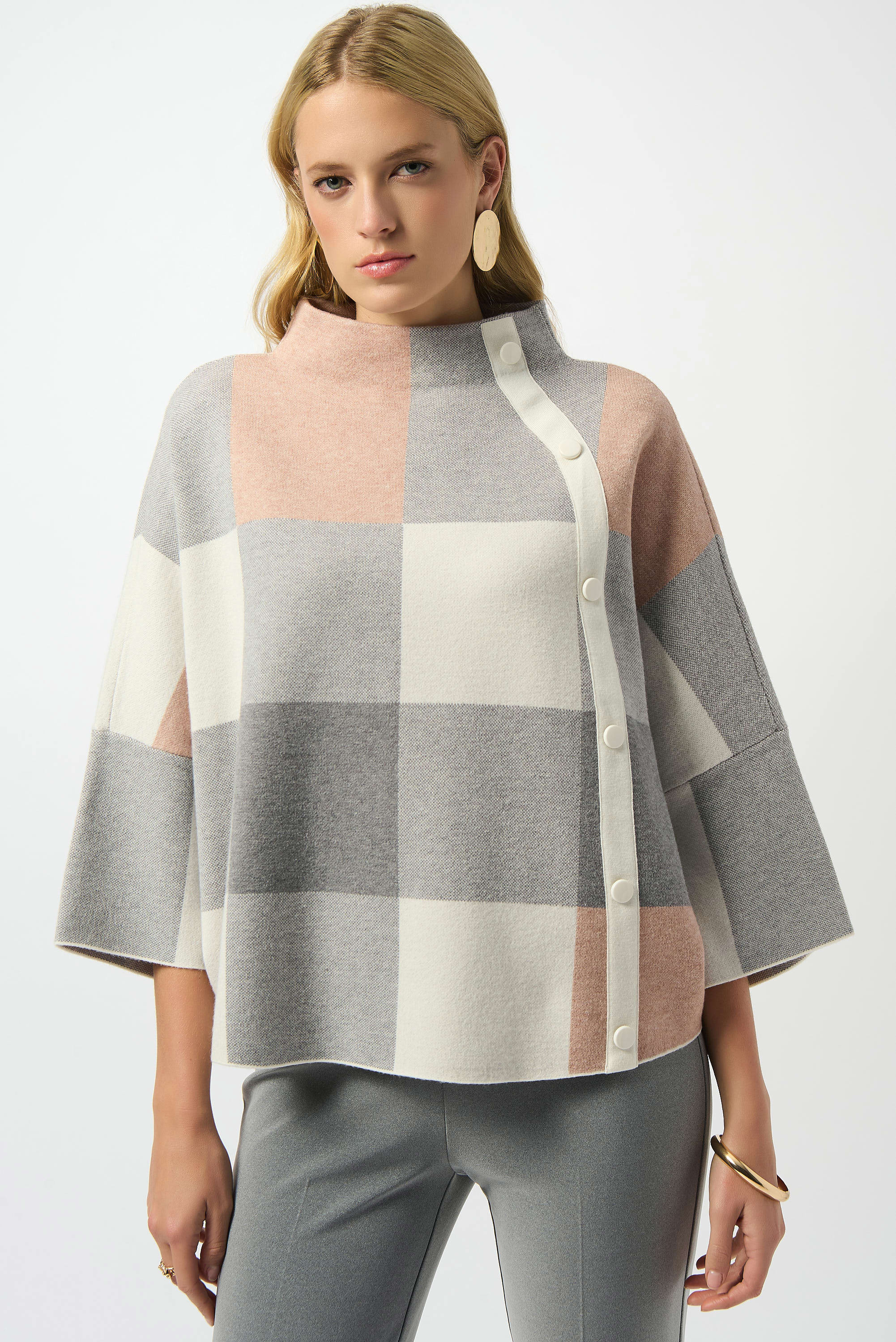 Front View Image of Joseph Ribkoff Plaid Jacquard Sweater Knit Top in Rose/Multi
