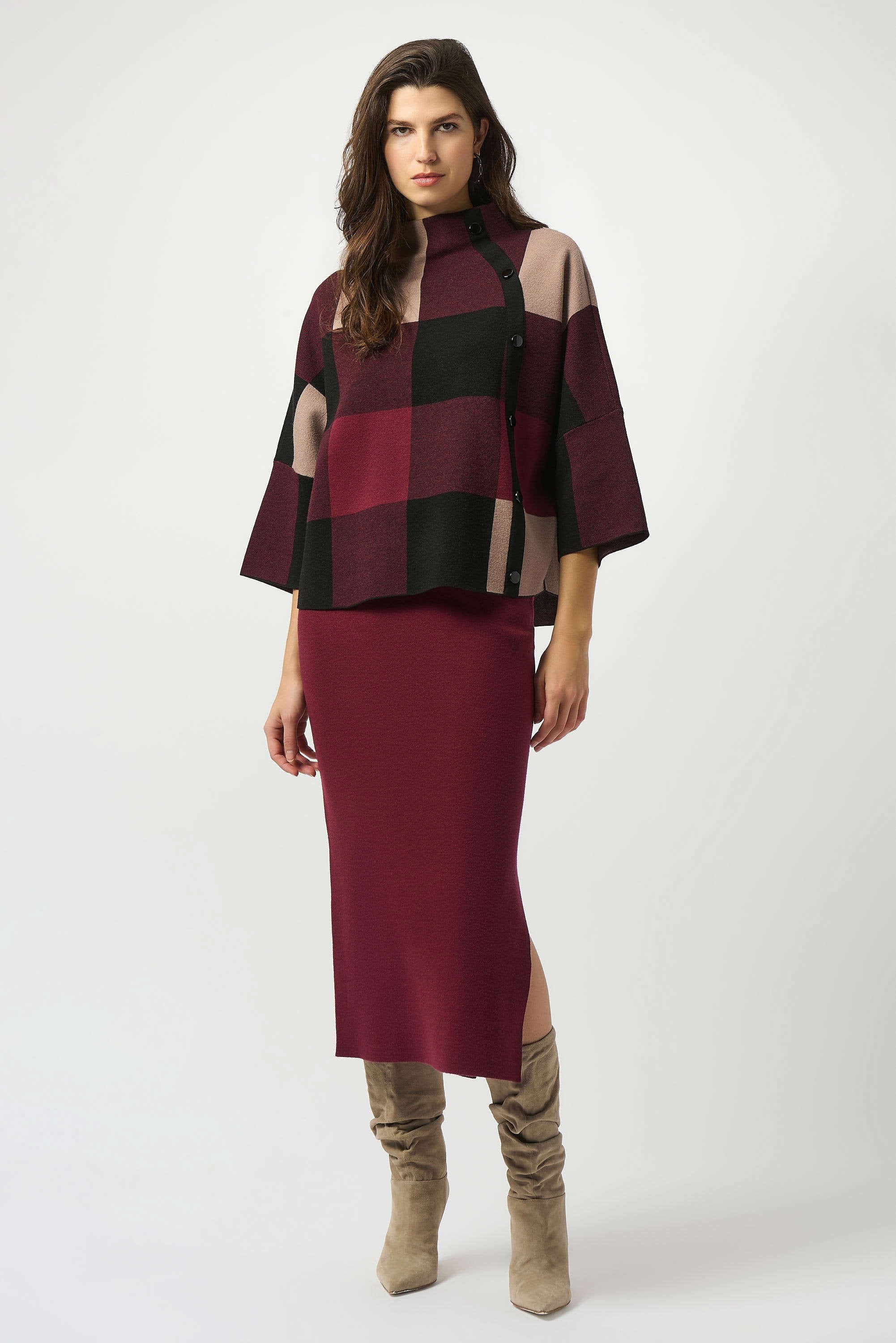 Full Body Side View Image of Joseph Ribkoff Plaid Jacquard Sweater Knit Top in Merlot/Multi