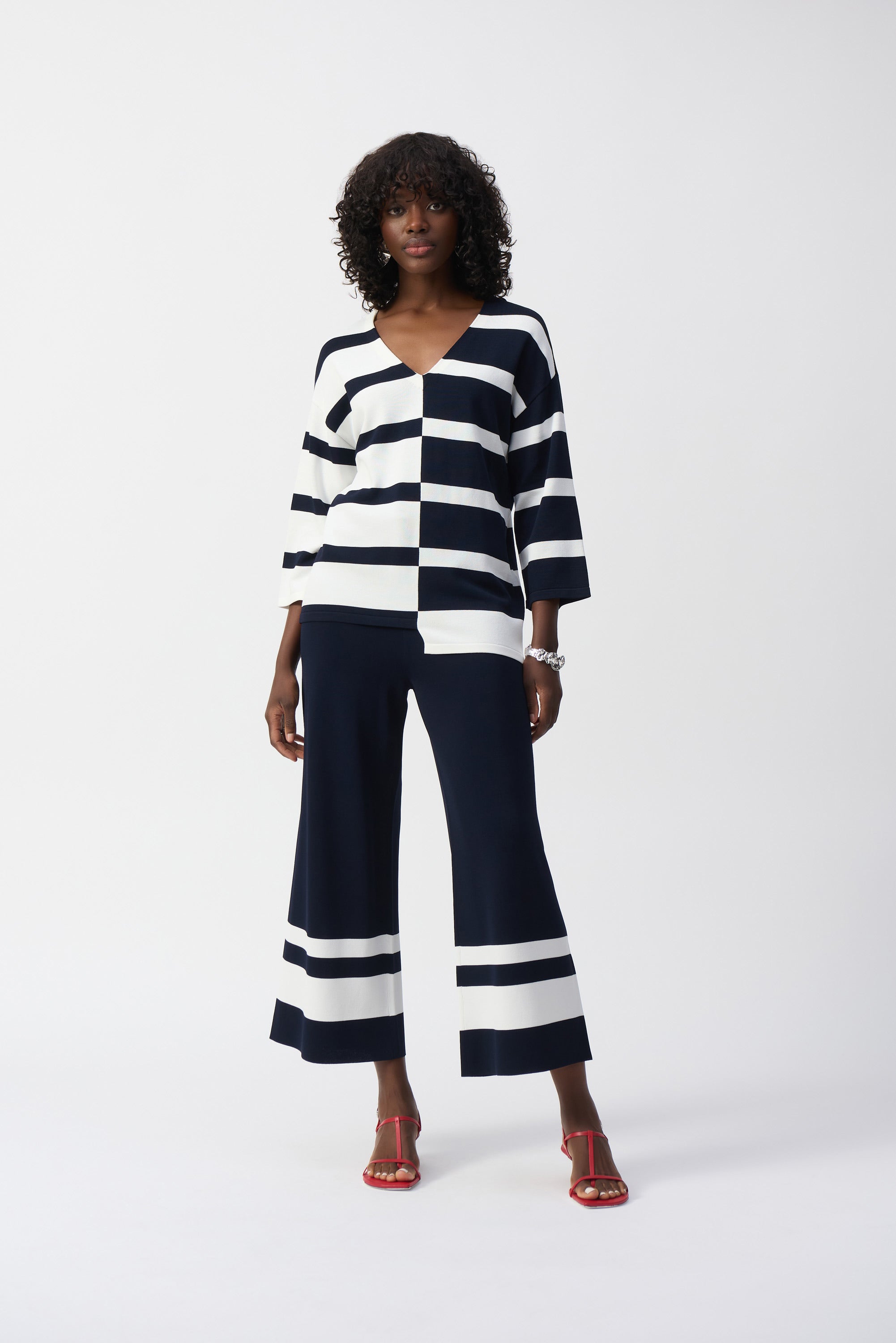 Front image of Joseph Ribkoff placement striped knit culotte.