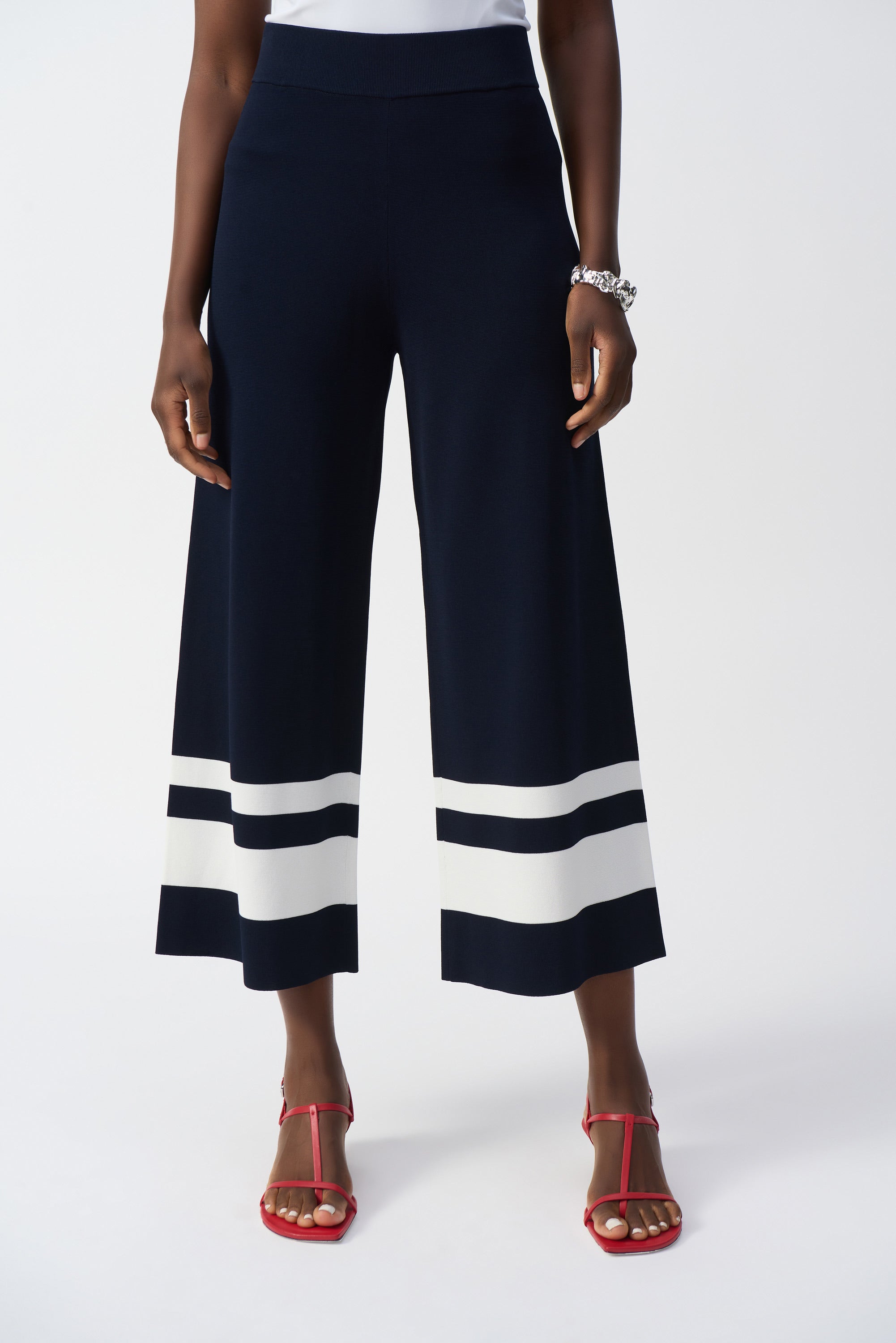 Front image of Joseph Ribkoff placement striped knit culotte.