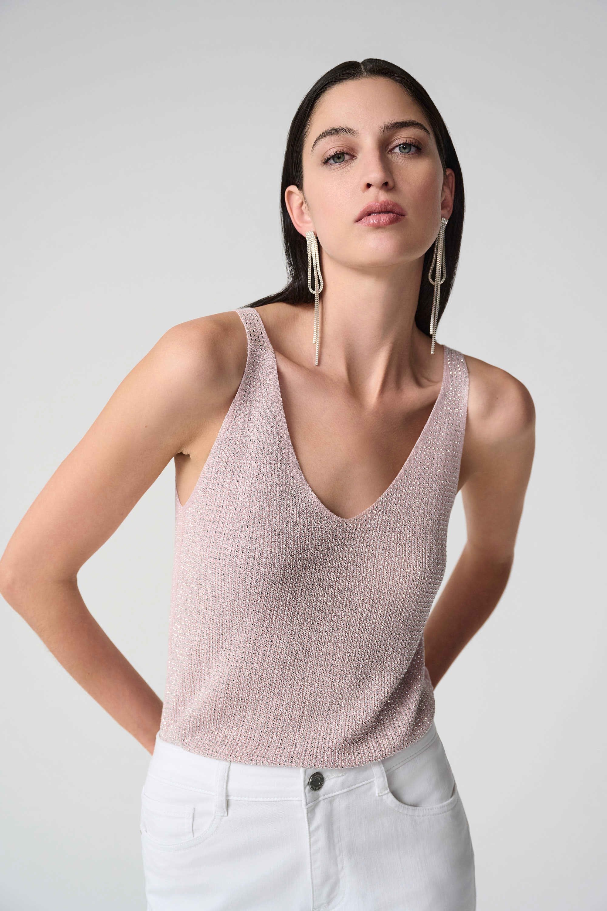Front View Image of Joseph Ribkoff Metallic Knitted Camisole with Rhinestones in Petal Pink