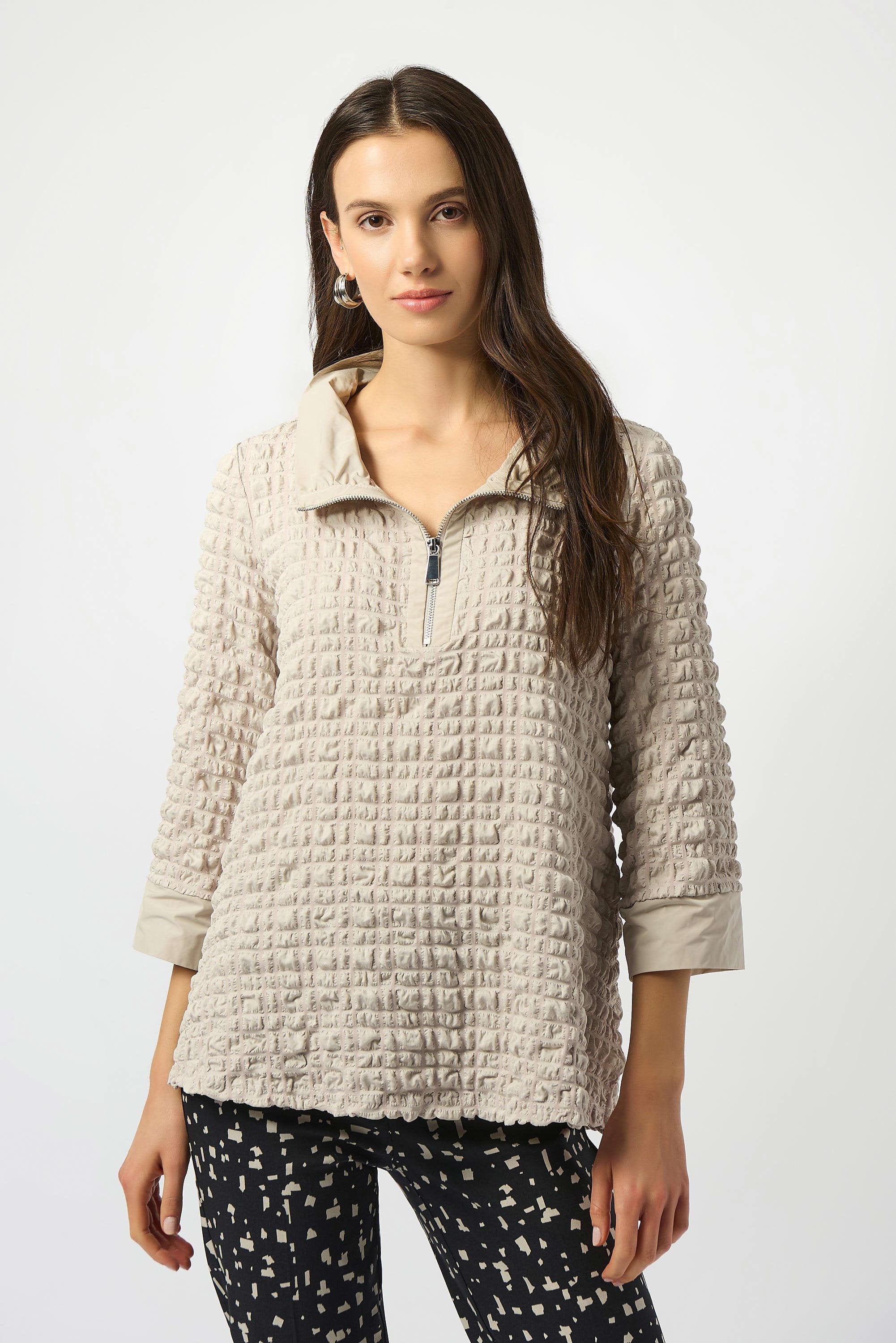 Front View Image of Joseph Ribkoff Bubble Jacquard A-Line Top in Moonstone