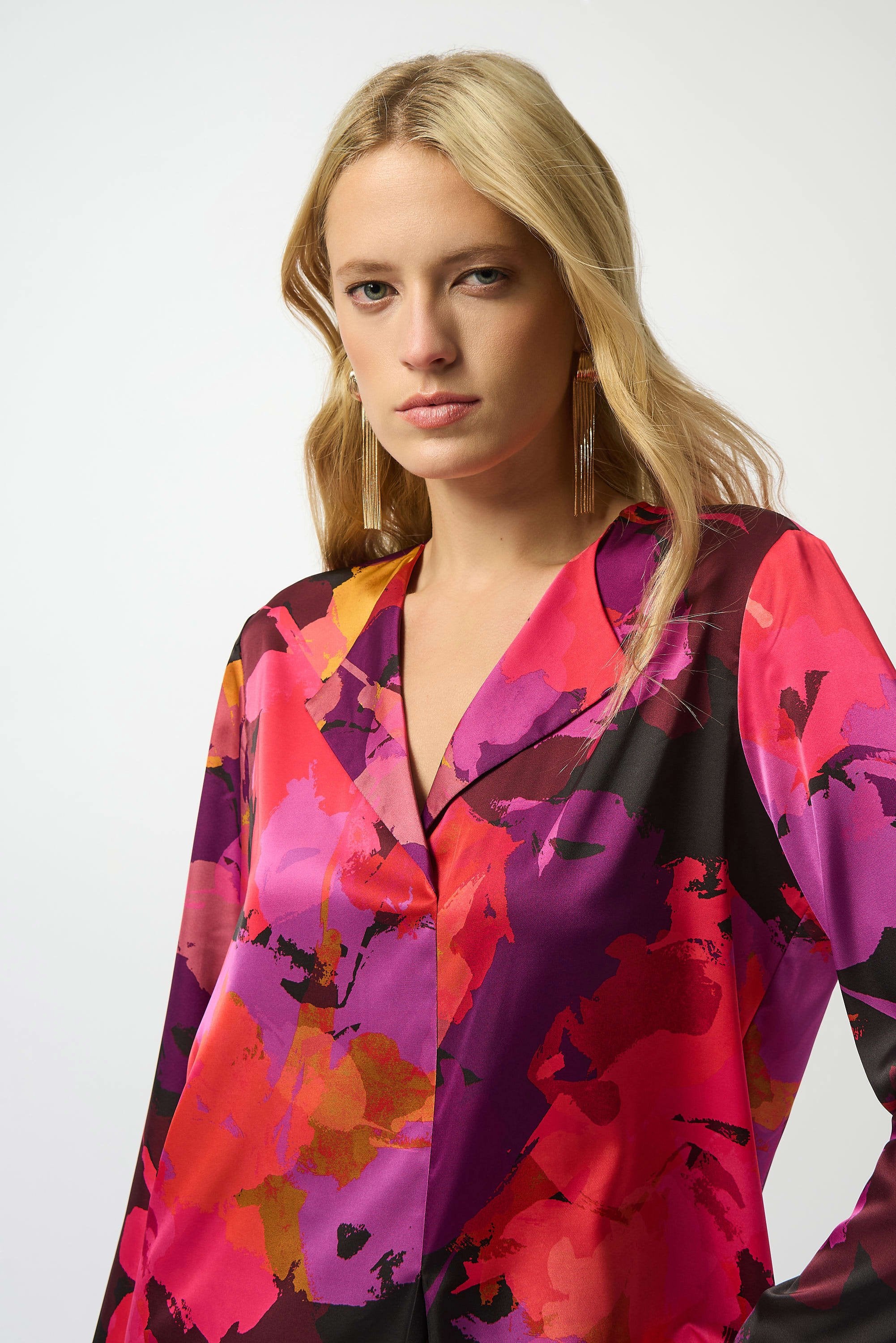 Front Image of Joseph Ribkoff Recycled Satin Floral Print Straight Top in Black/Multi