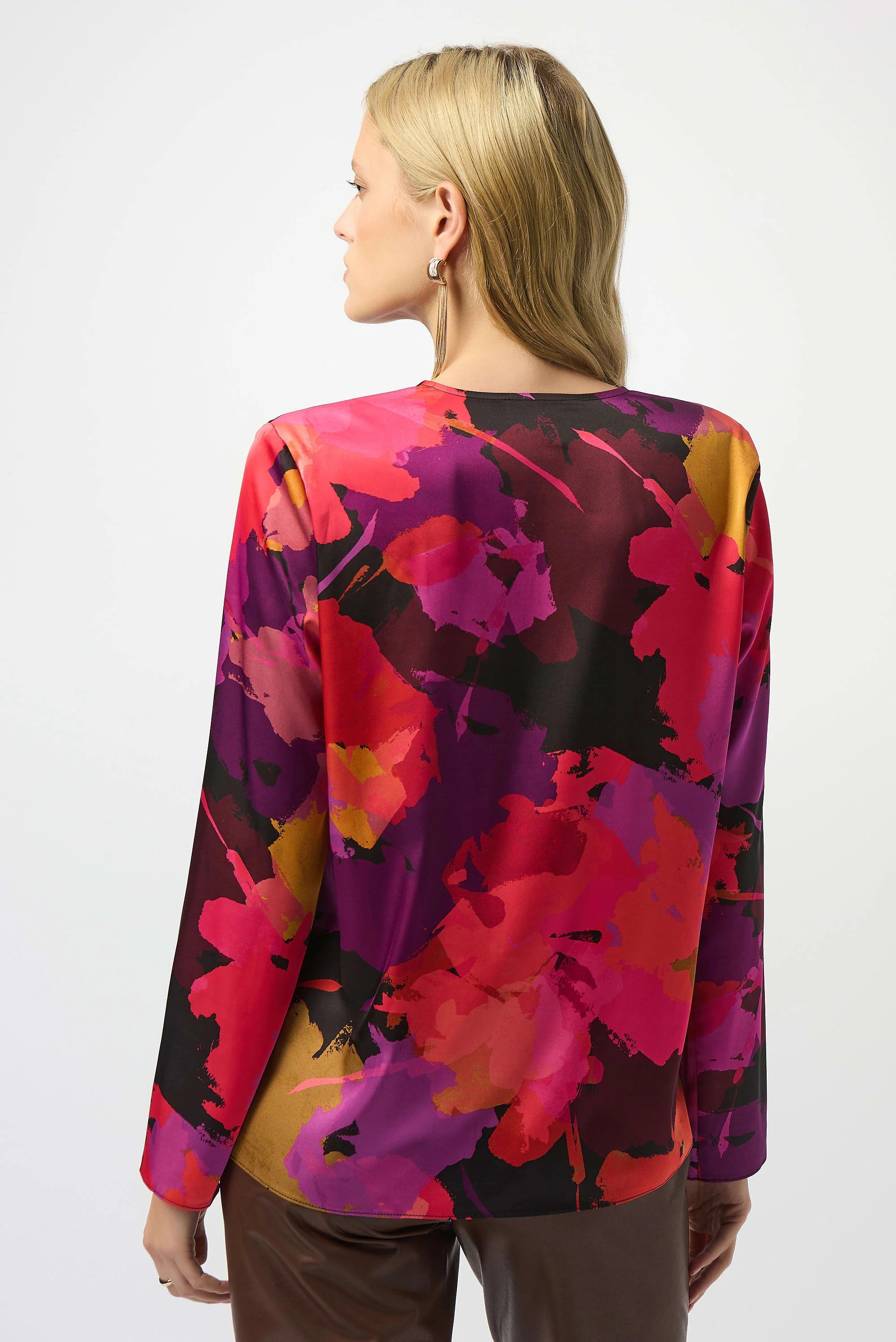 Back Image of Joseph Ribkoff Recycled Satin Floral Print Straight Top in Black/Multi