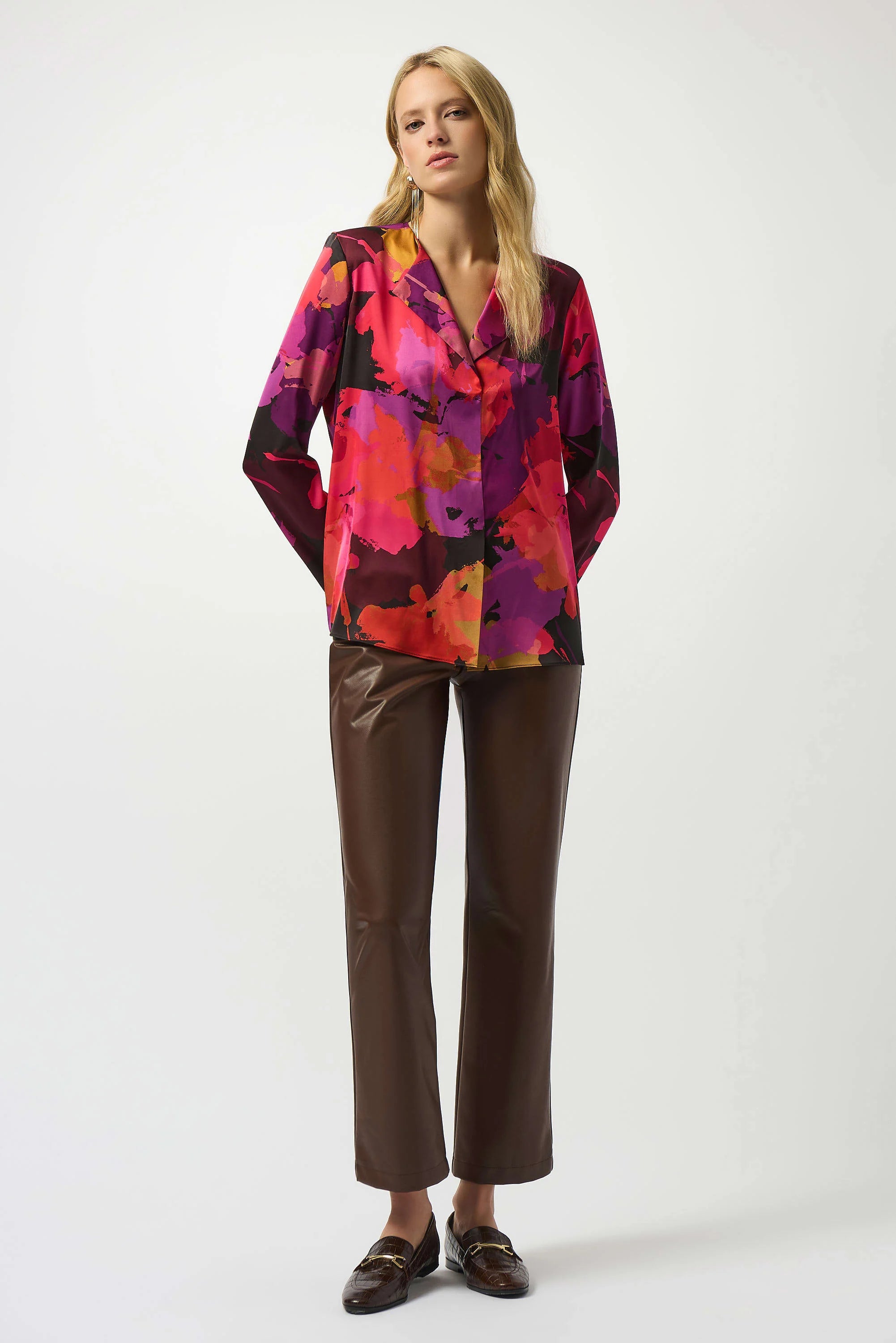 Full Body Image of Joseph Ribkoff Recycled Satin Floral Print Straight Top in Black/Multi