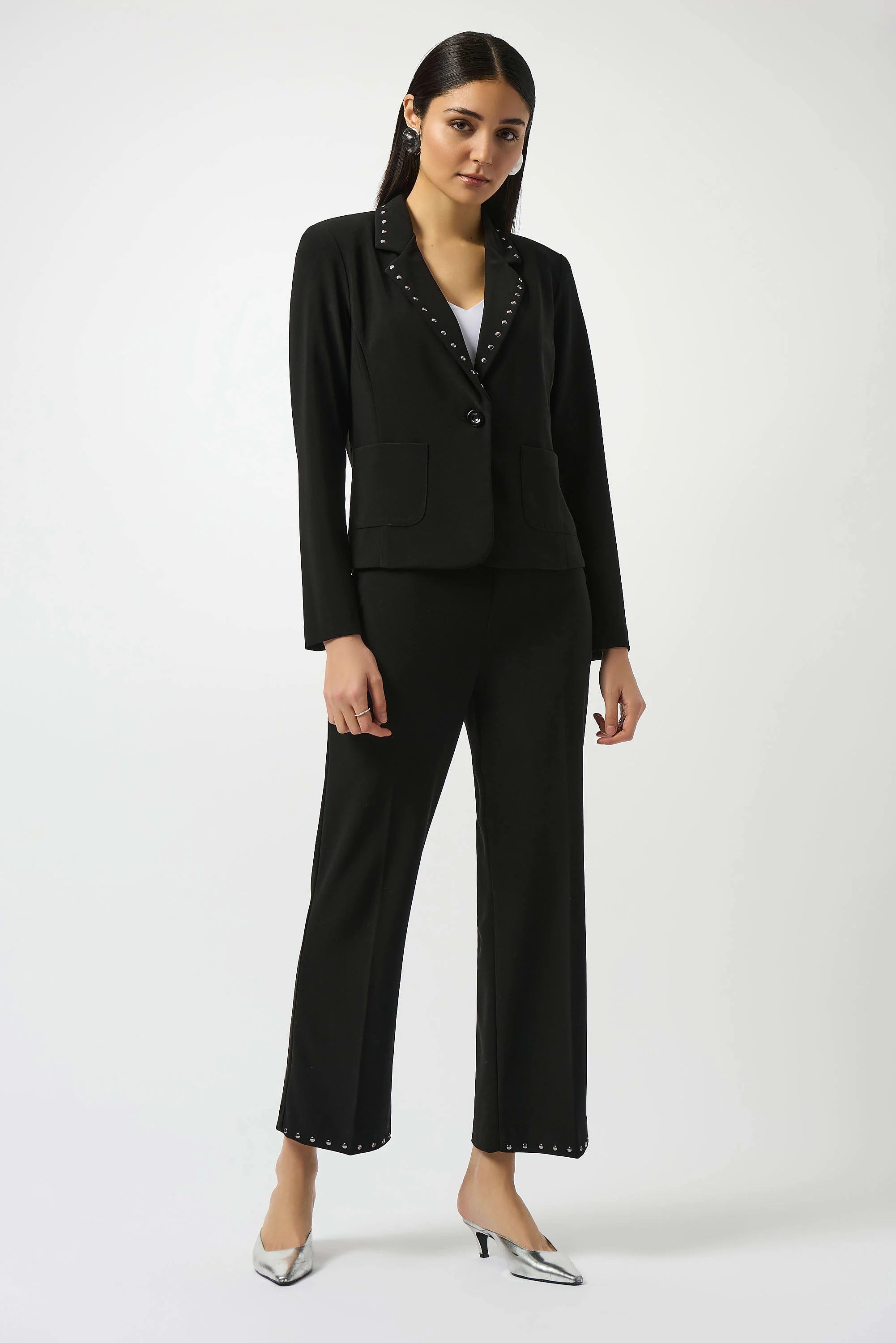 Full Body Image of Joseph Ribkoff Silky Knit Fitted Blazer with Studs in Black