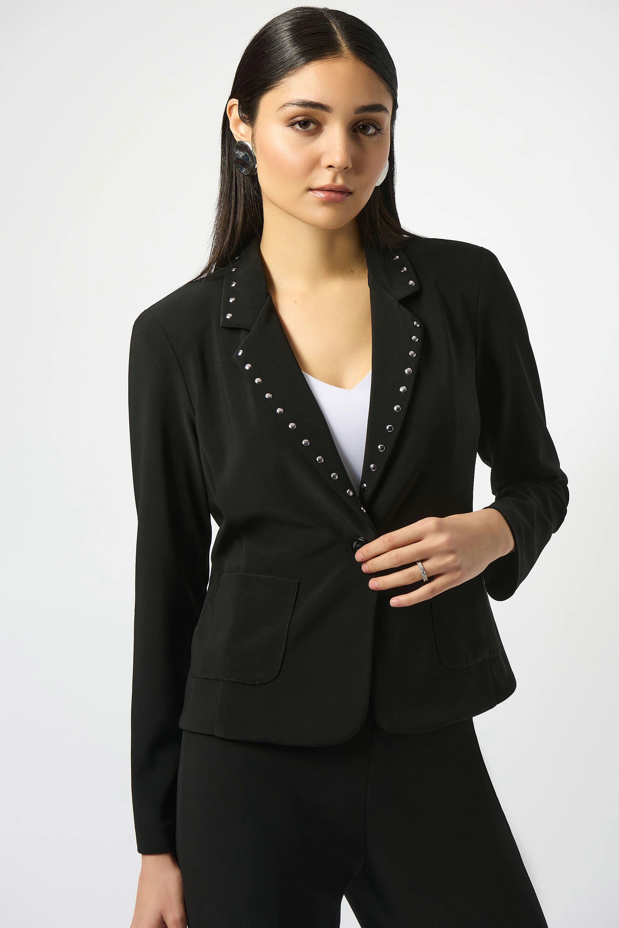Front Image of Joseph Ribkoff Silky Knit Fitted Blazer with Studs in Black