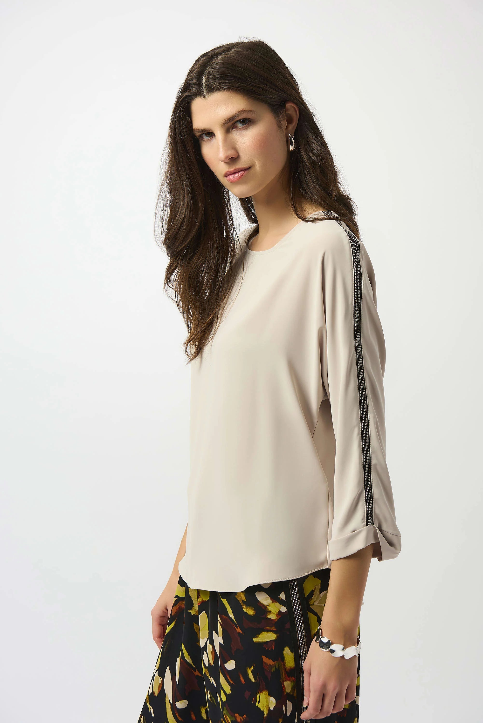 Side View Image of Joseph Ribkoff Recycled Soft Twill Boxy Top in Moonstone