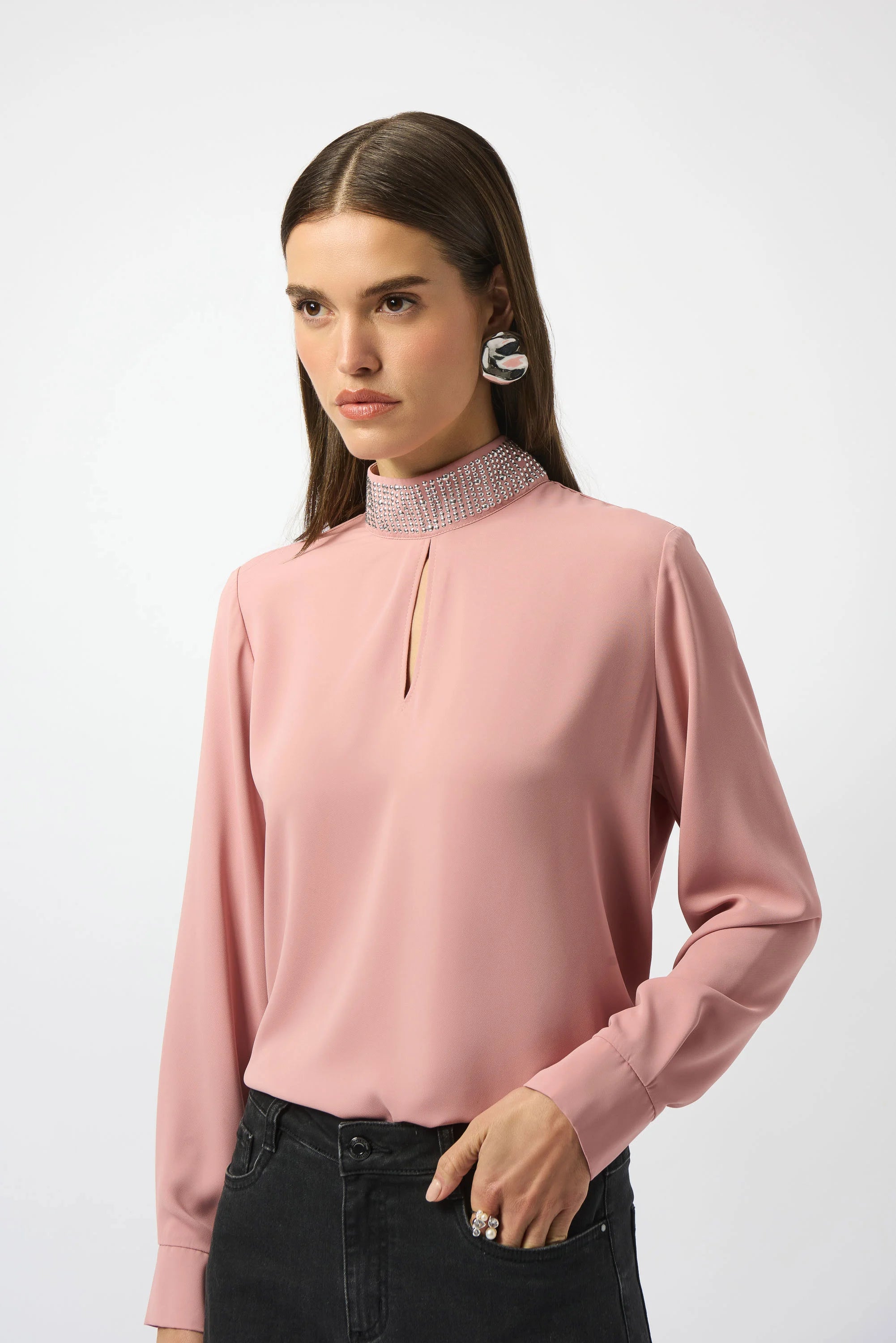 Front View tucked Image of Joseph Ribkoff Recycled Soft Twill Straight Top in Antique Rose
