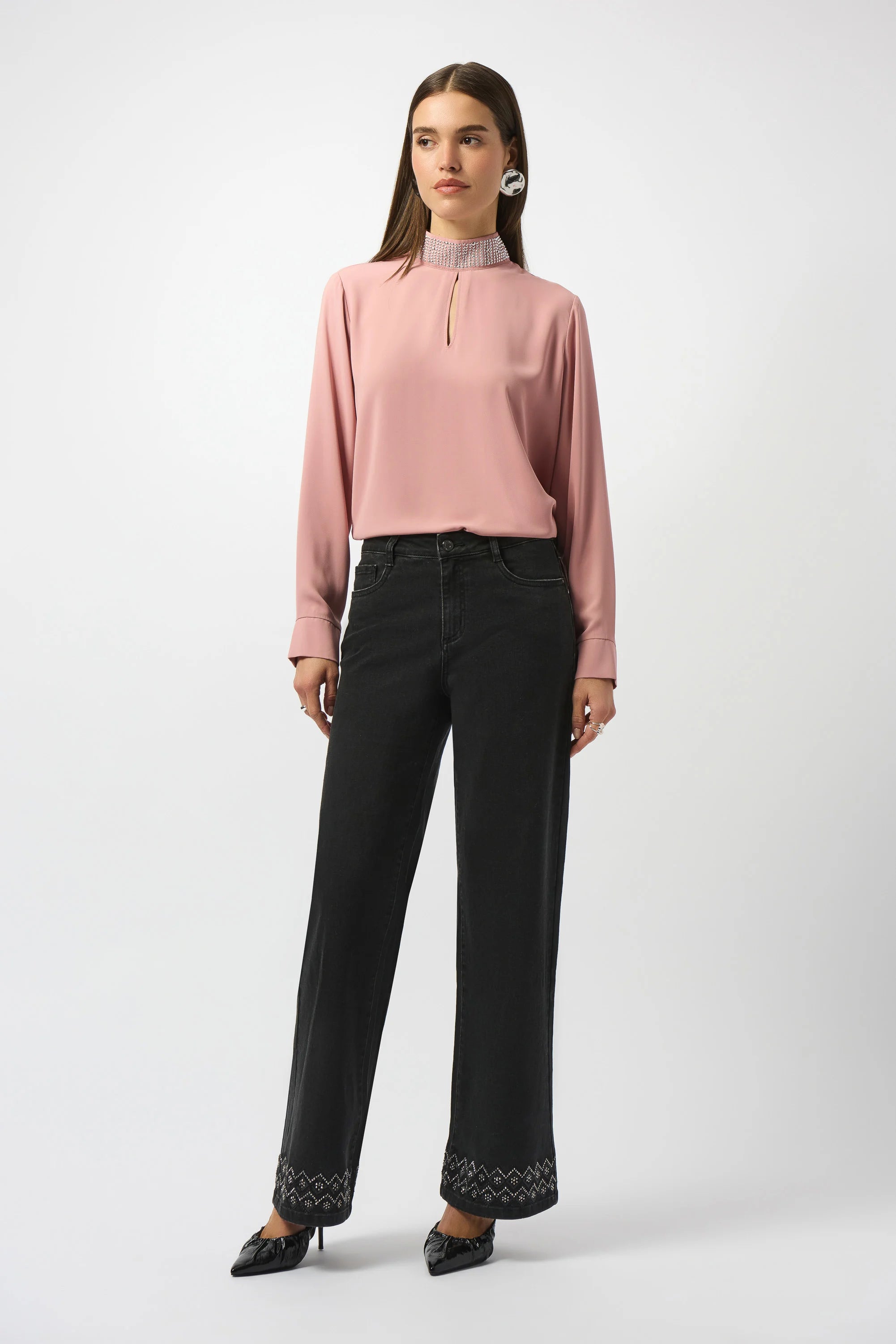 Full Body Image of Joseph Ribkoff Recycled Soft Twill Straight Top in Antique Rose with Classic Wide Leg Stretch Denim Jeans