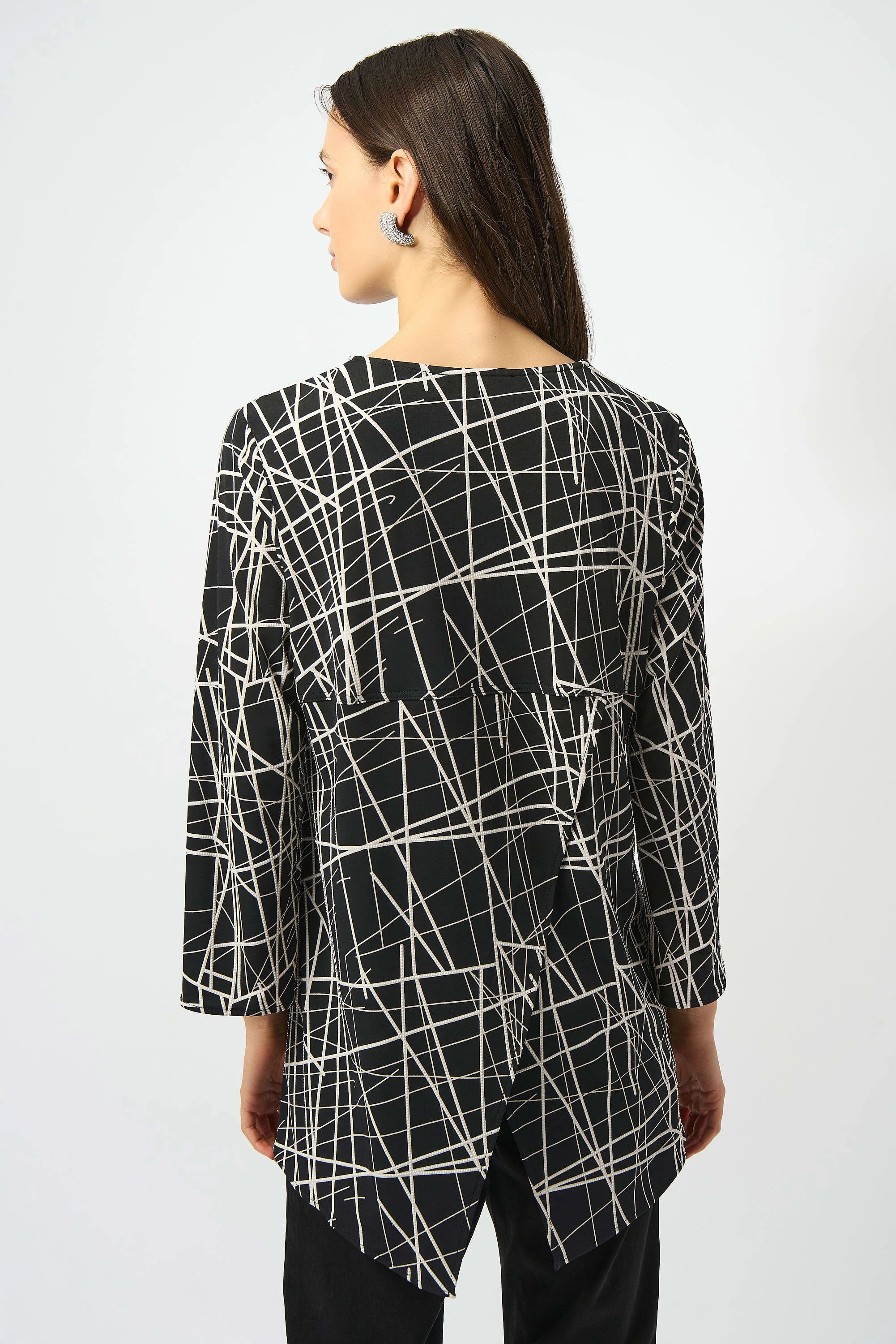 Back Image of Joseph Ribkoff Silky Knit Printed Fit and Flare Tunic in Black/Moonstone