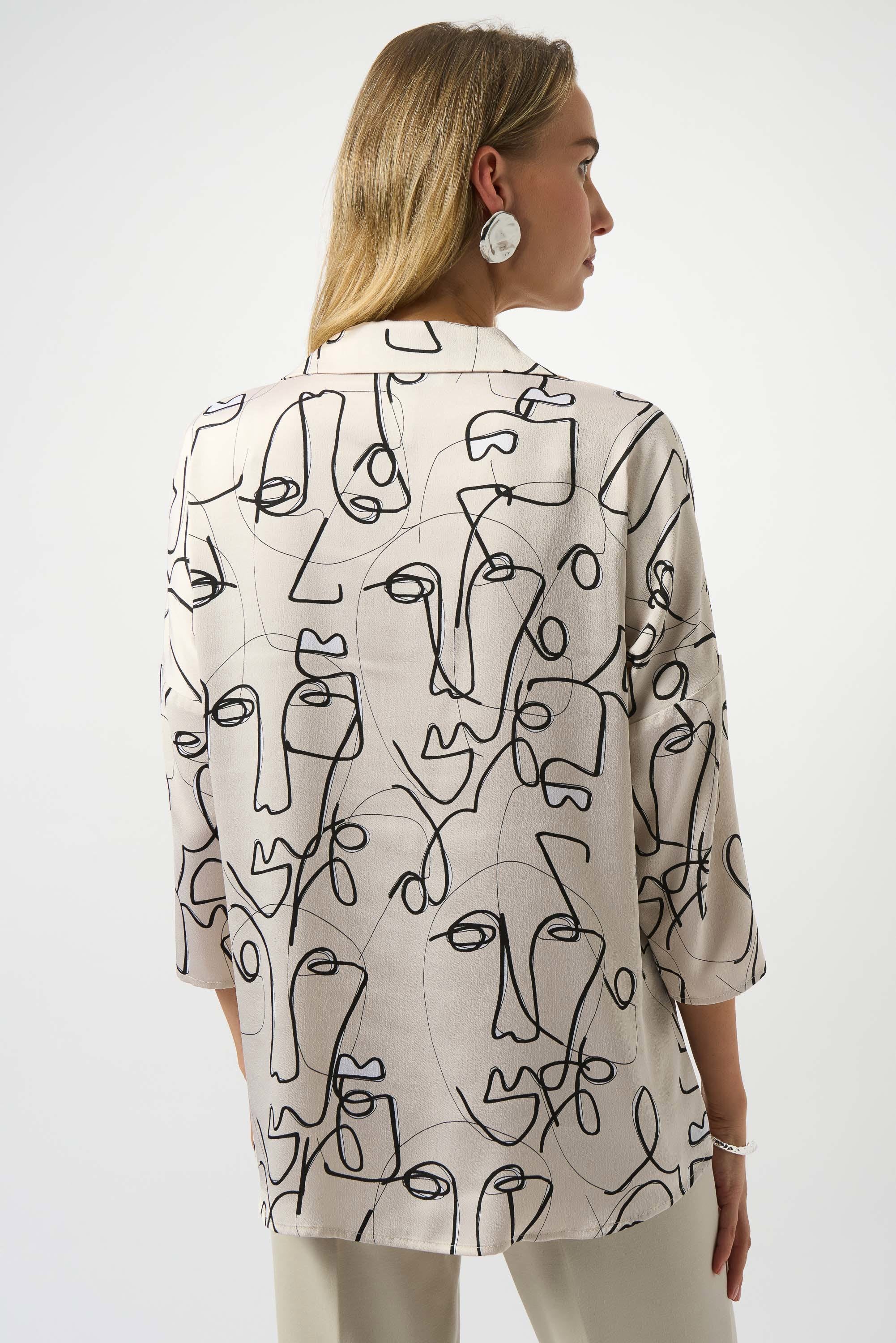Back View Image of Joseph Ribkoff Hammered Satin Abstract Face Frint Boxy Top in Moonstone/Black