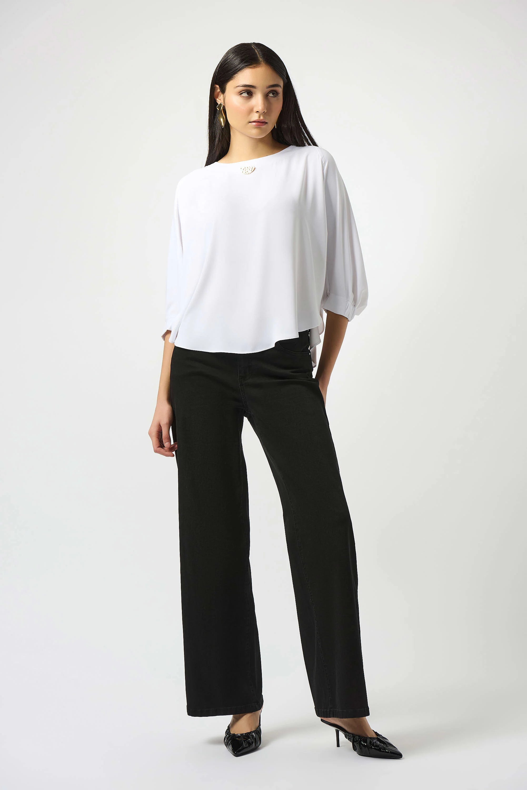 Full Body Image of Joseph Ribkoff Recycle Soft Twill boxy Top in vanilla