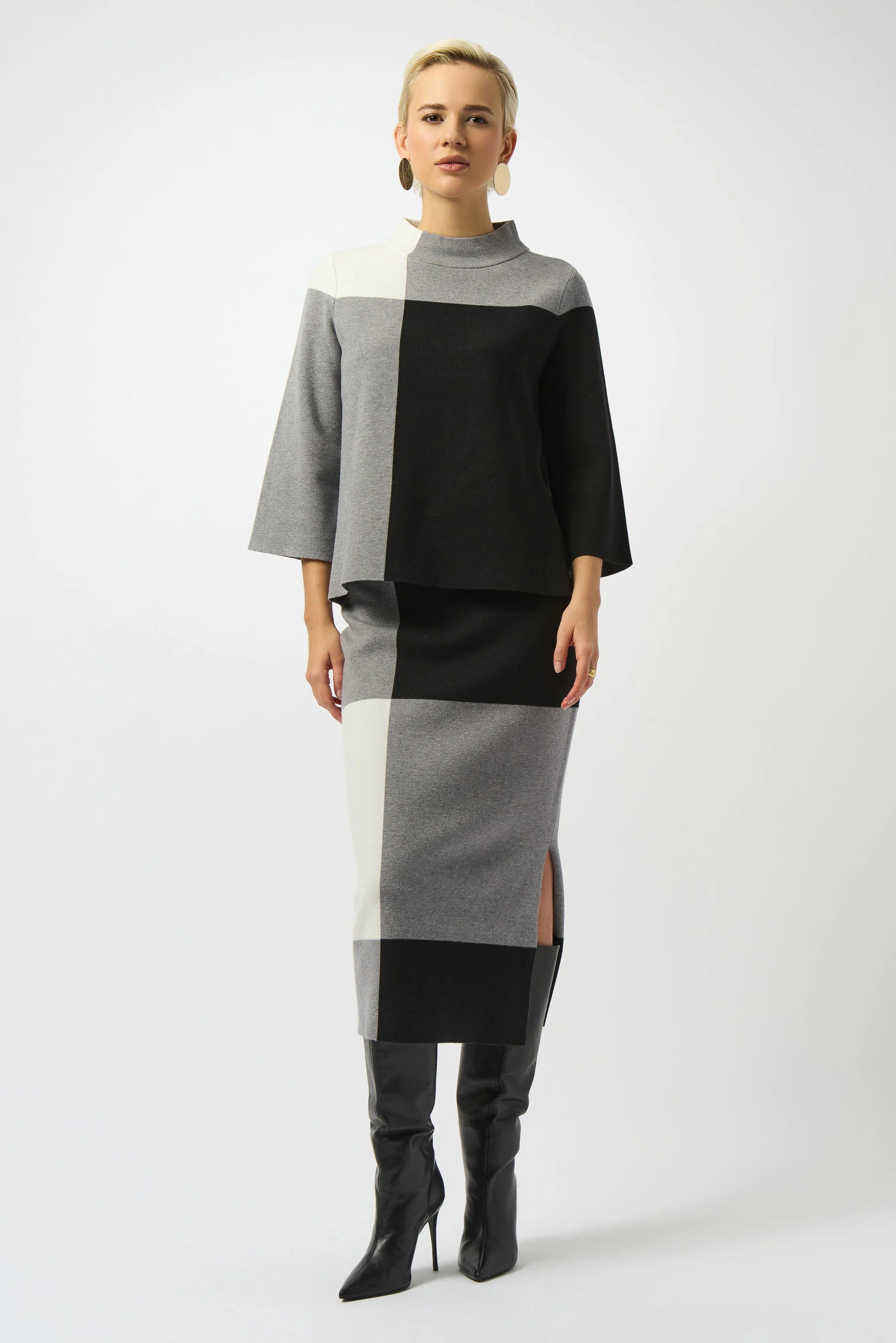 Full Body View Image of Joseph Ribkoff Jacquard Sweater Colour Block Pullover in Black.Grey/Vanilla
