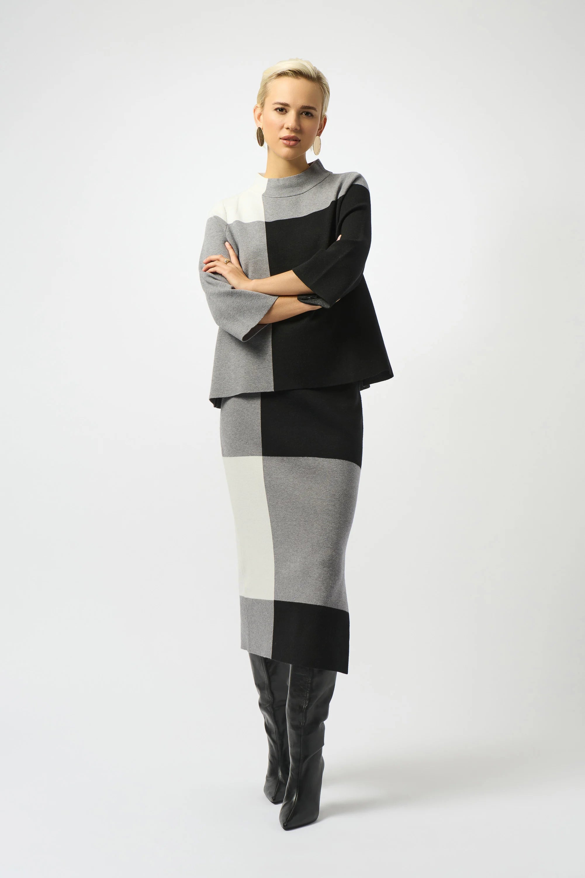 Full Body View Image of Joseph Ribkoff Jacquard Sweater Colour Block Skirt in Black/Grey/Vanilla