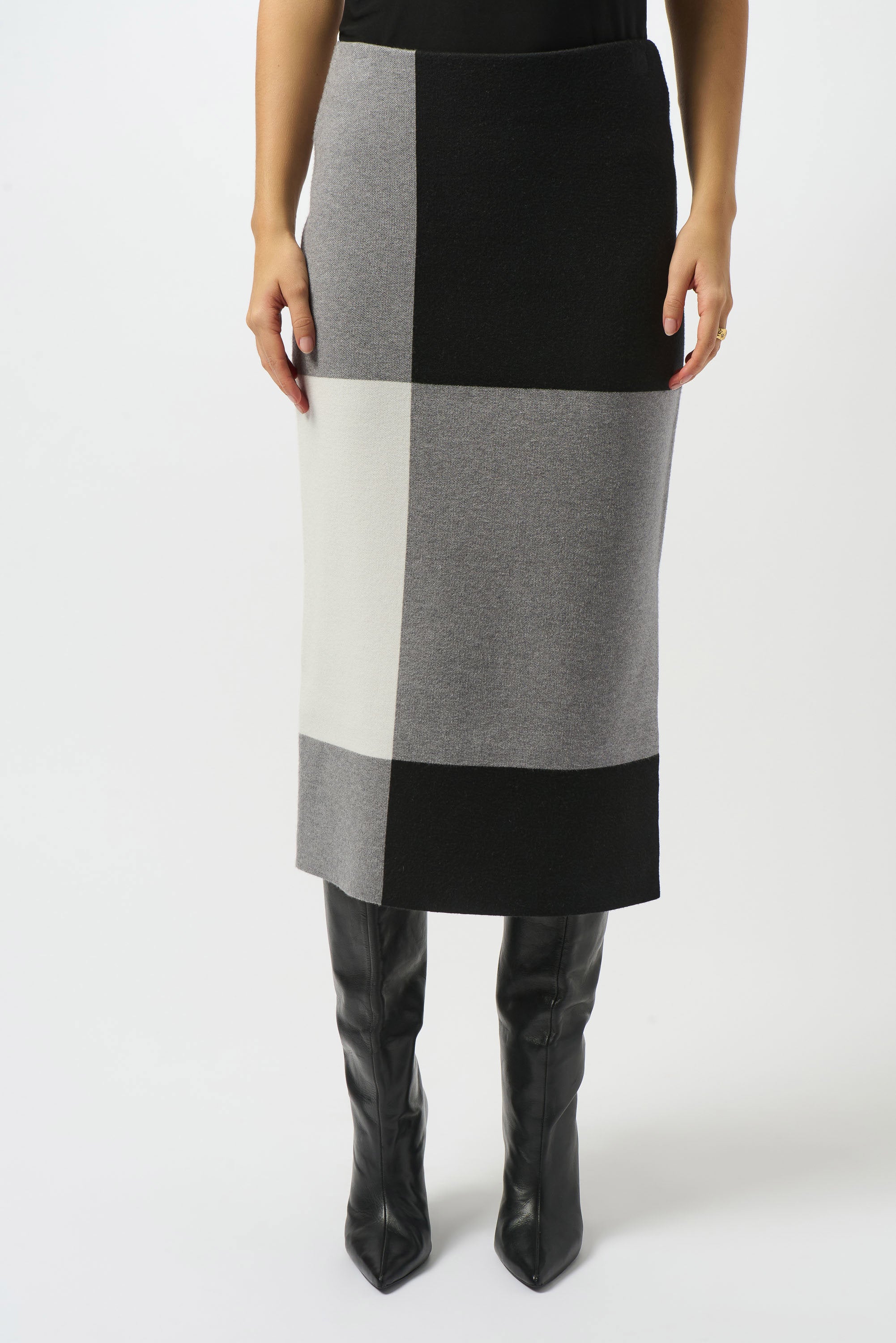 Front View Image of Joseph Ribkoff Jacquard Sweater Colour Block Skirt in Black/Grey/Vanilla