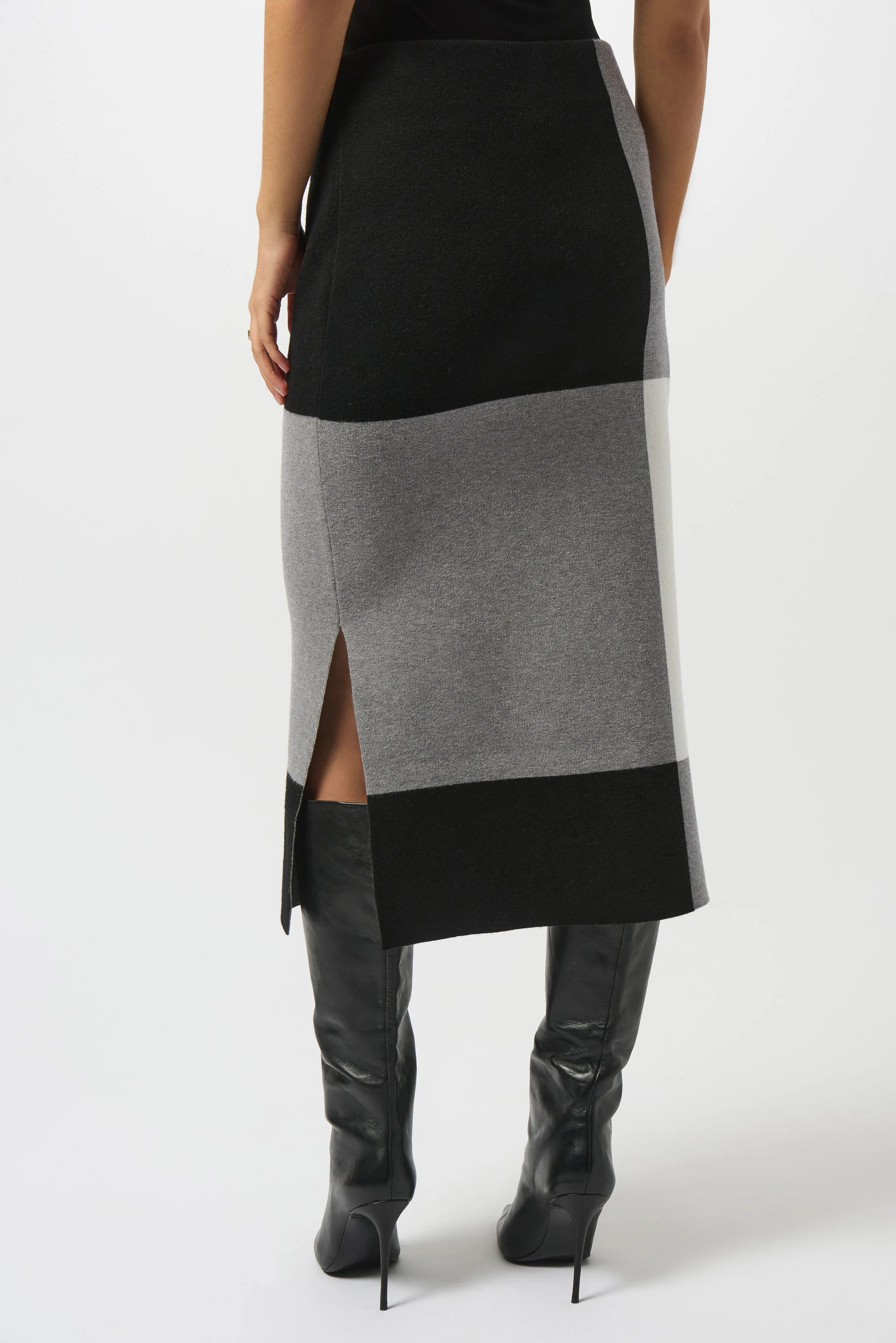Back View Image of Joseph Ribkoff Jacquard Sweater Colour Block Skirt in Black/Grey/Vanilla