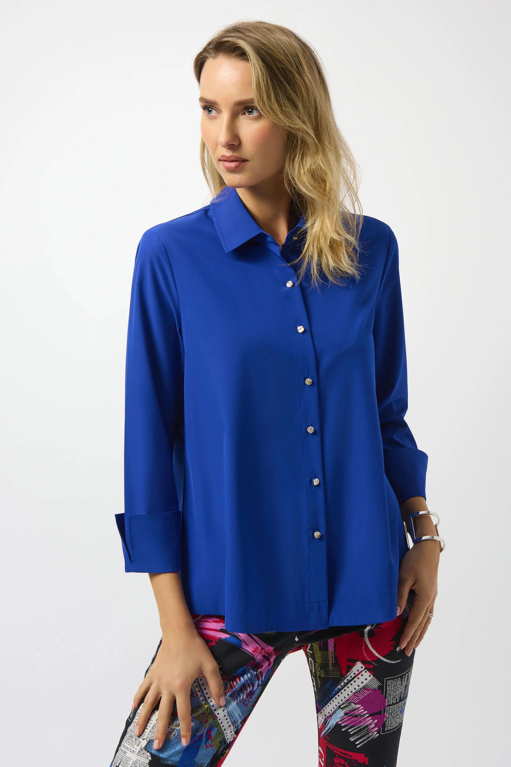 Front image of JR stretch poplin button-front blouse in royal sapphire.