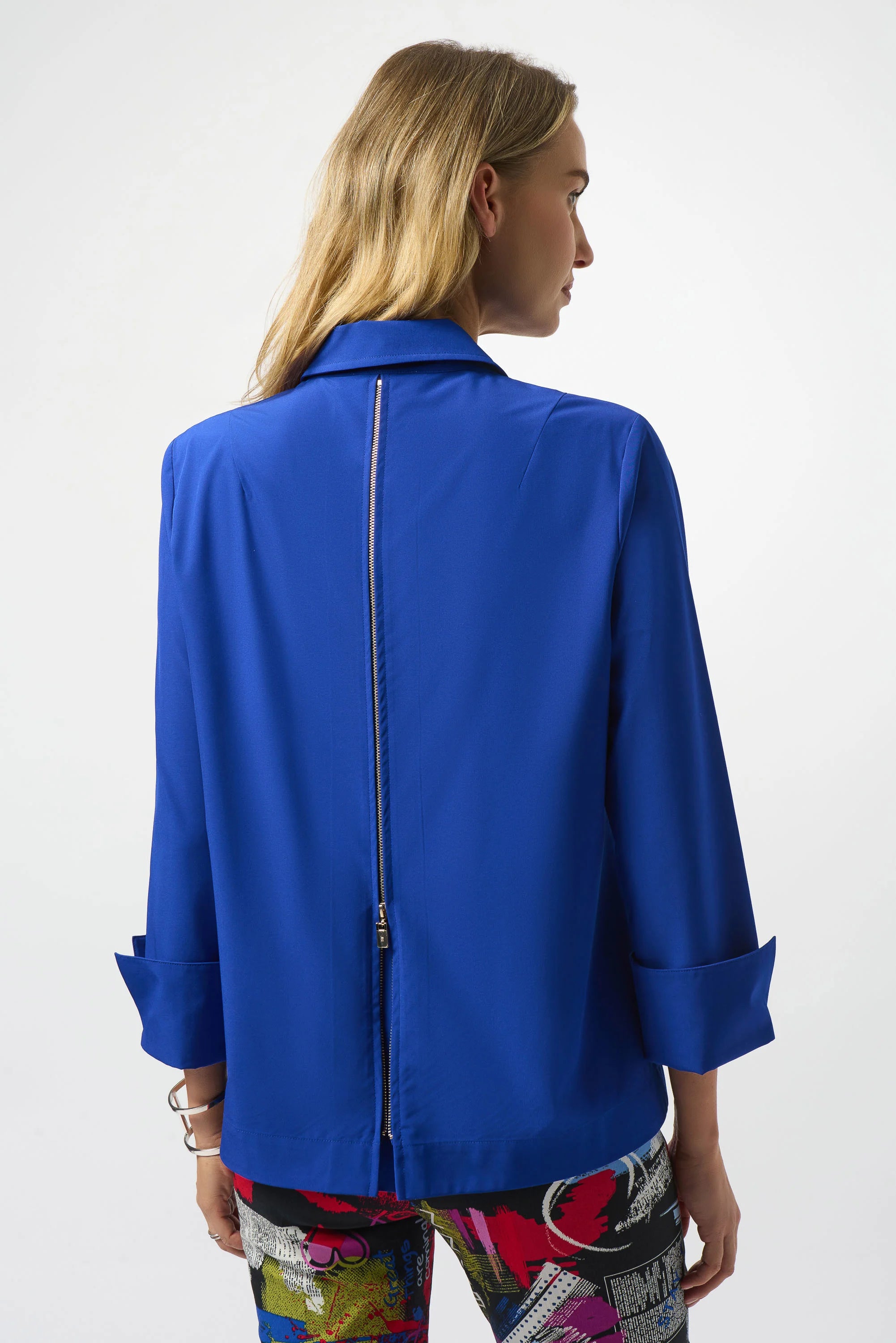 Back image of JR stretch poplin button-front blouse in royal sapphire.