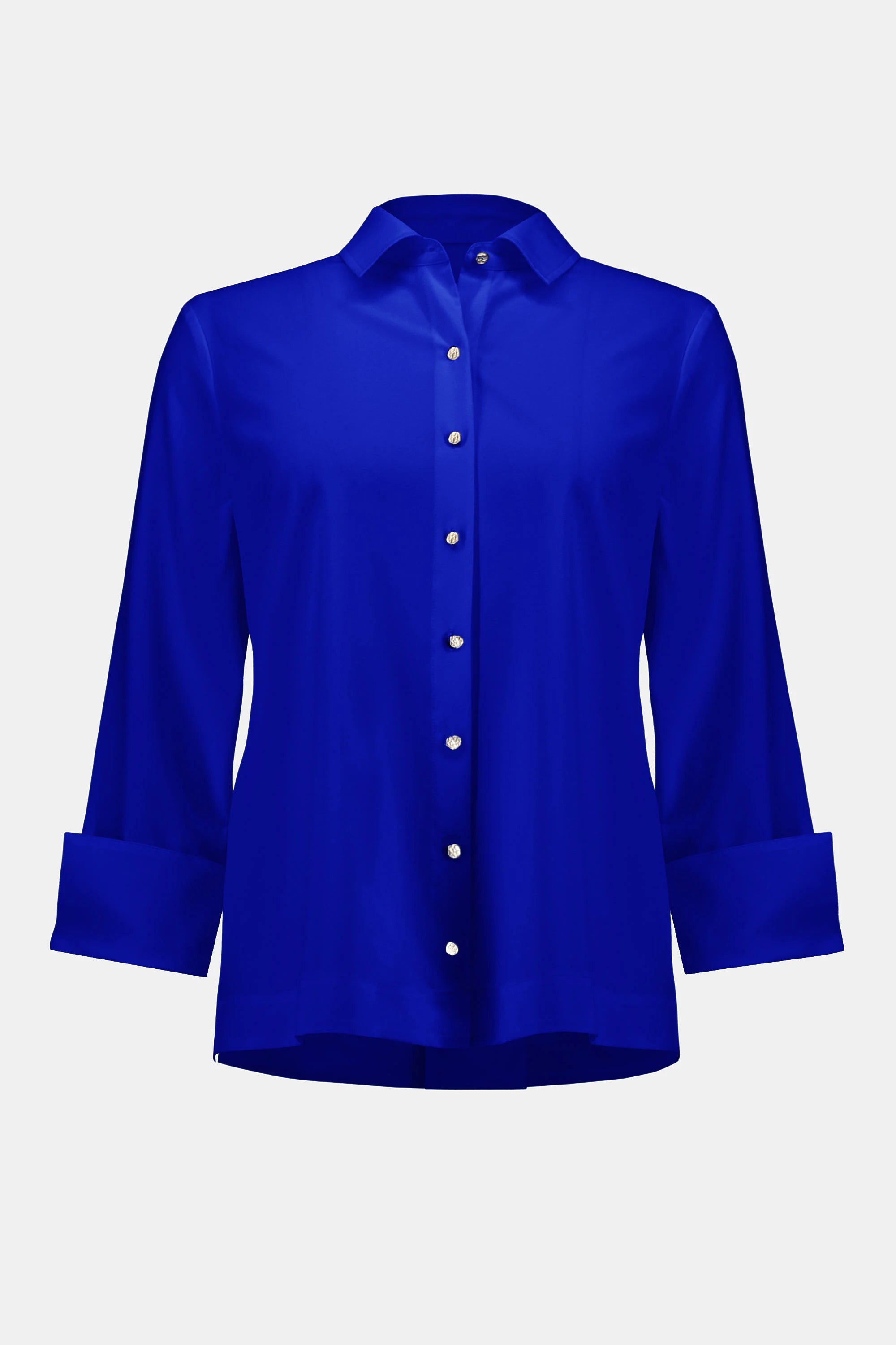 Front image of JR stretch poplin button-front blouse in royal sapphire.