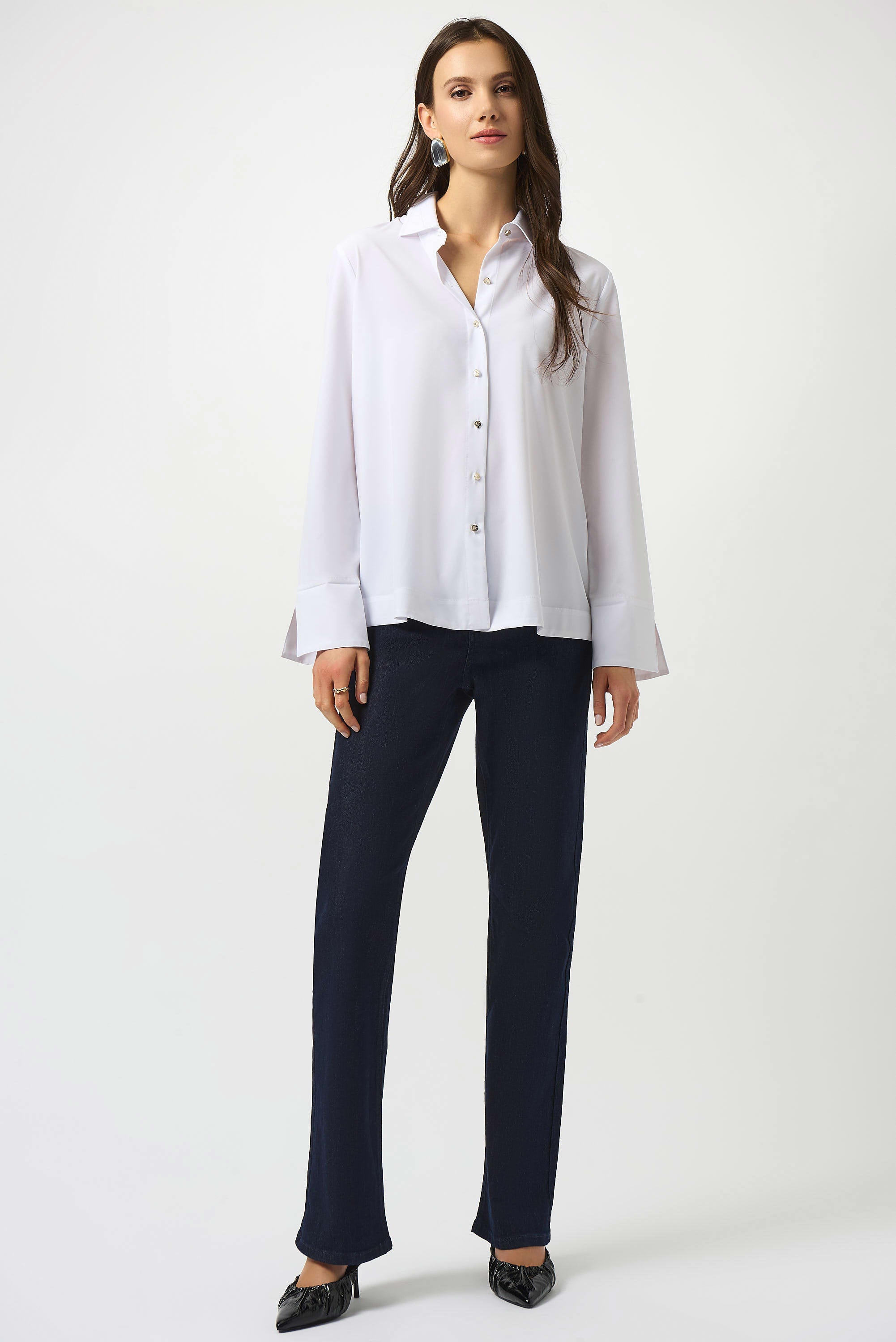 Front image of Joseph Ribkoff white poplin button front boxy top.