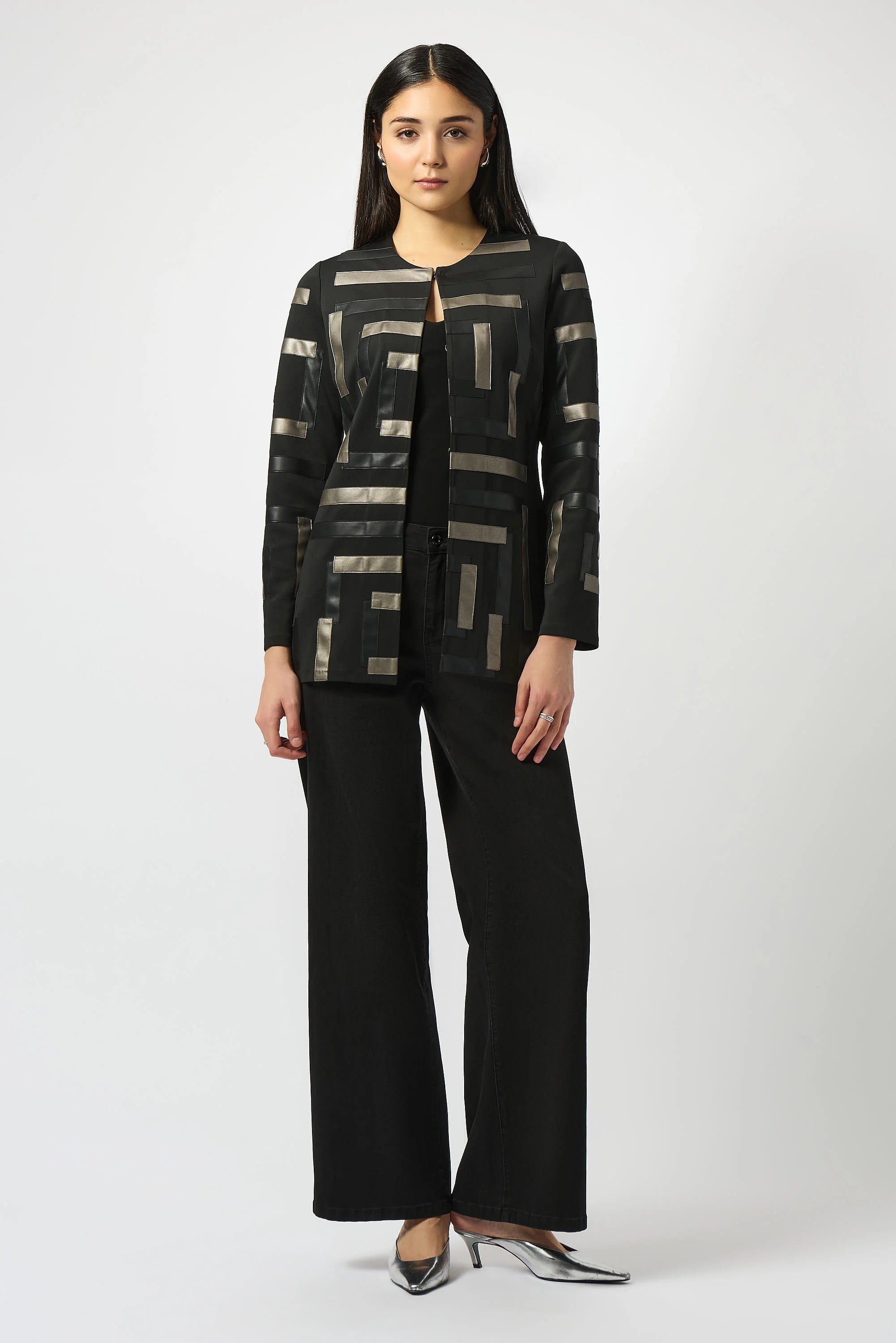 Full Body Image of Joseph Ribkoff Scuba & Leatherette Collarless Jacket in Black/Multi
