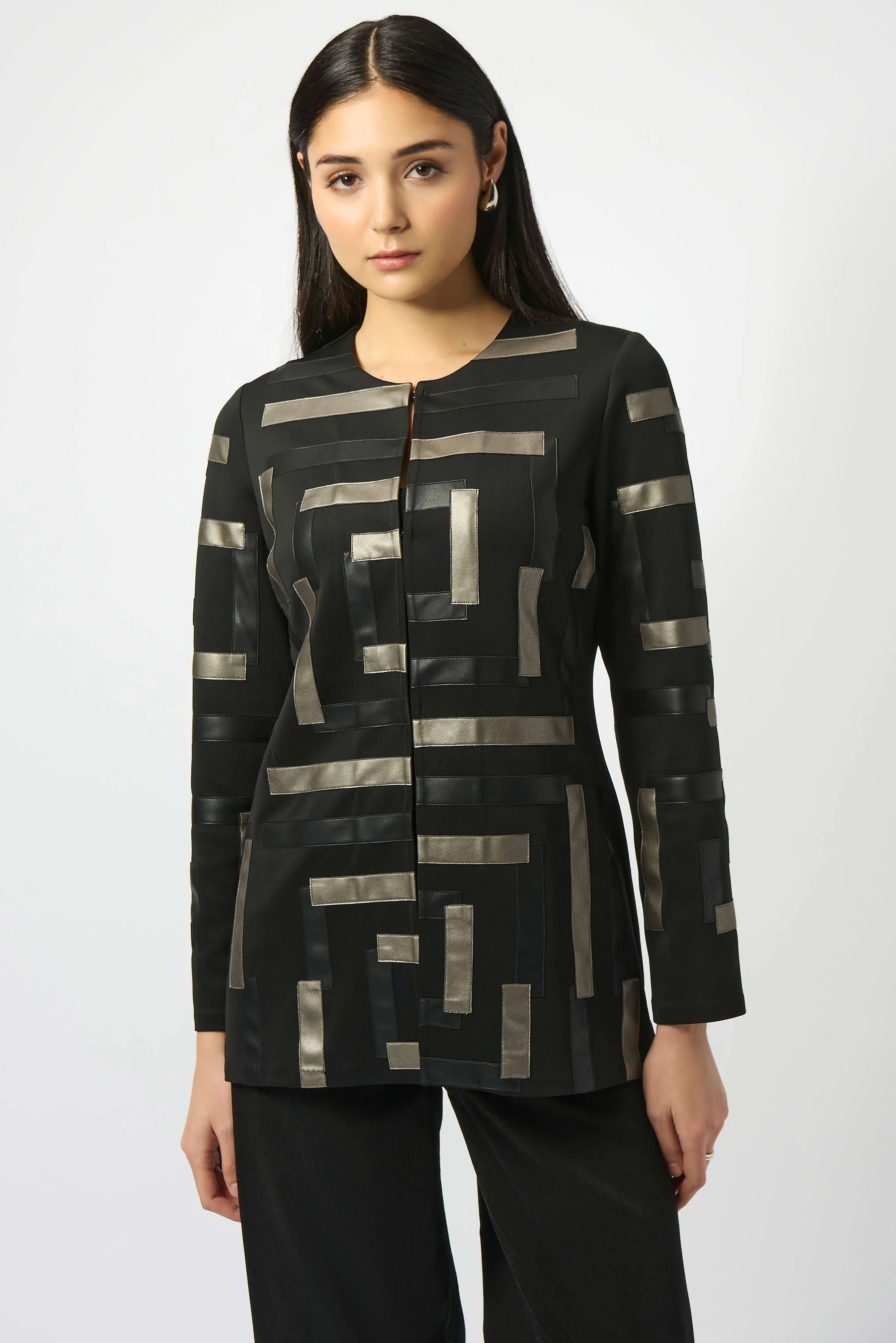 Front Image of Joseph Ribkoff Scuba & Leatherette Collarless Jacket in Black/Multi