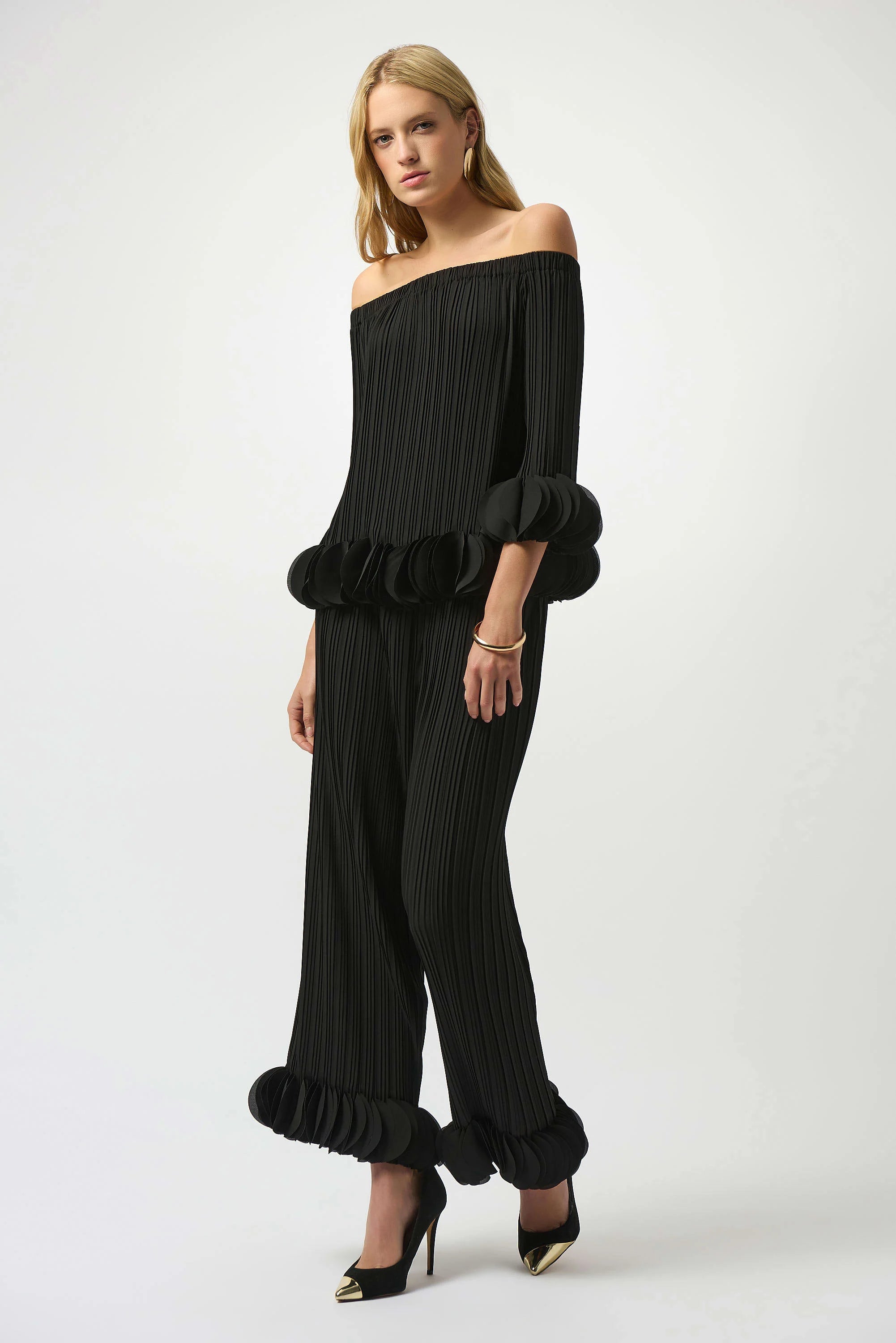 Full Body View Image of Joseph Ribkoff Georgette Off Shoulder Pleated Top in Black