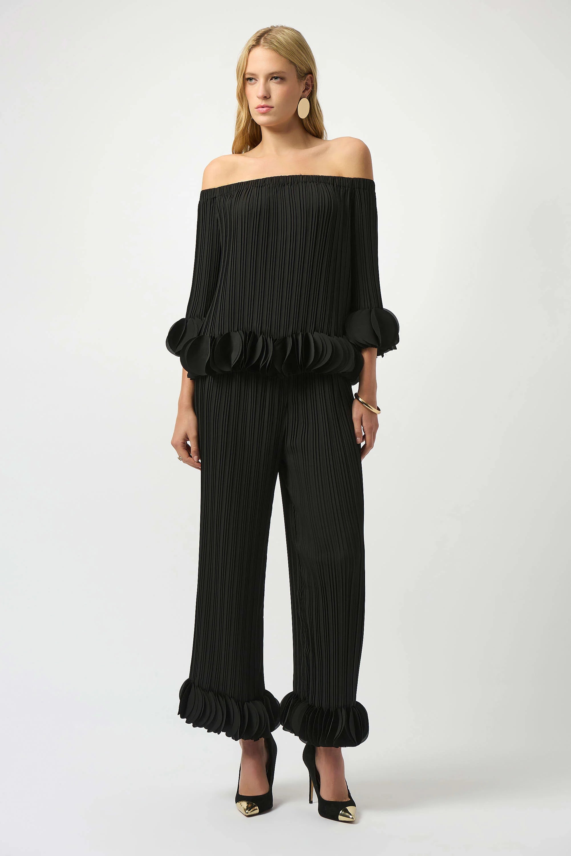 Full Body View Image of Joseph Ribkoff Georgette Wide Leg Pleated Pants in Black