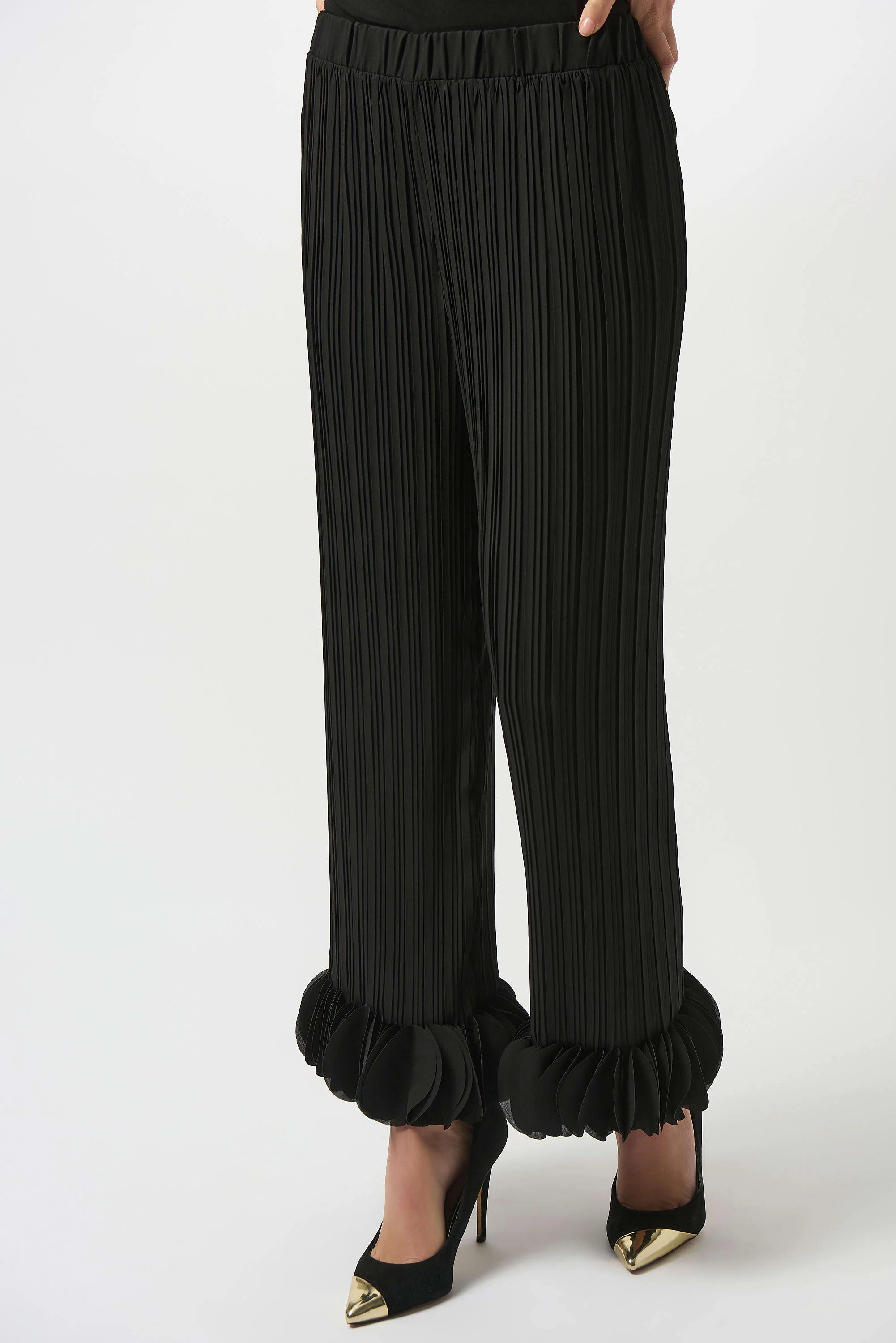 Front View Image of Joseph Ribkoff Georgette Wide Leg Pleated Pants in Black