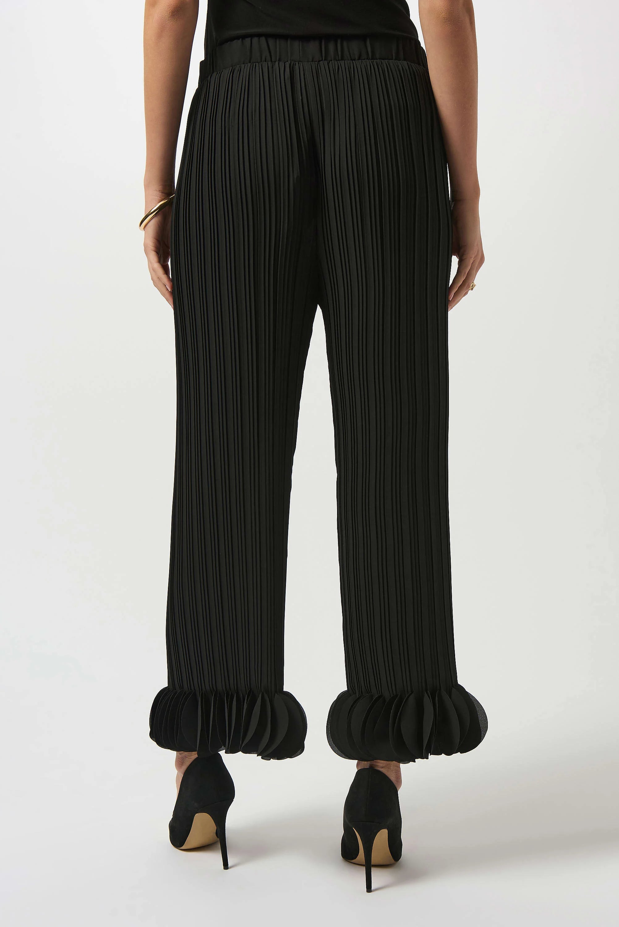 Back View Image of Joseph Ribkoff Georgette Wide Leg Pleated Pants in Black