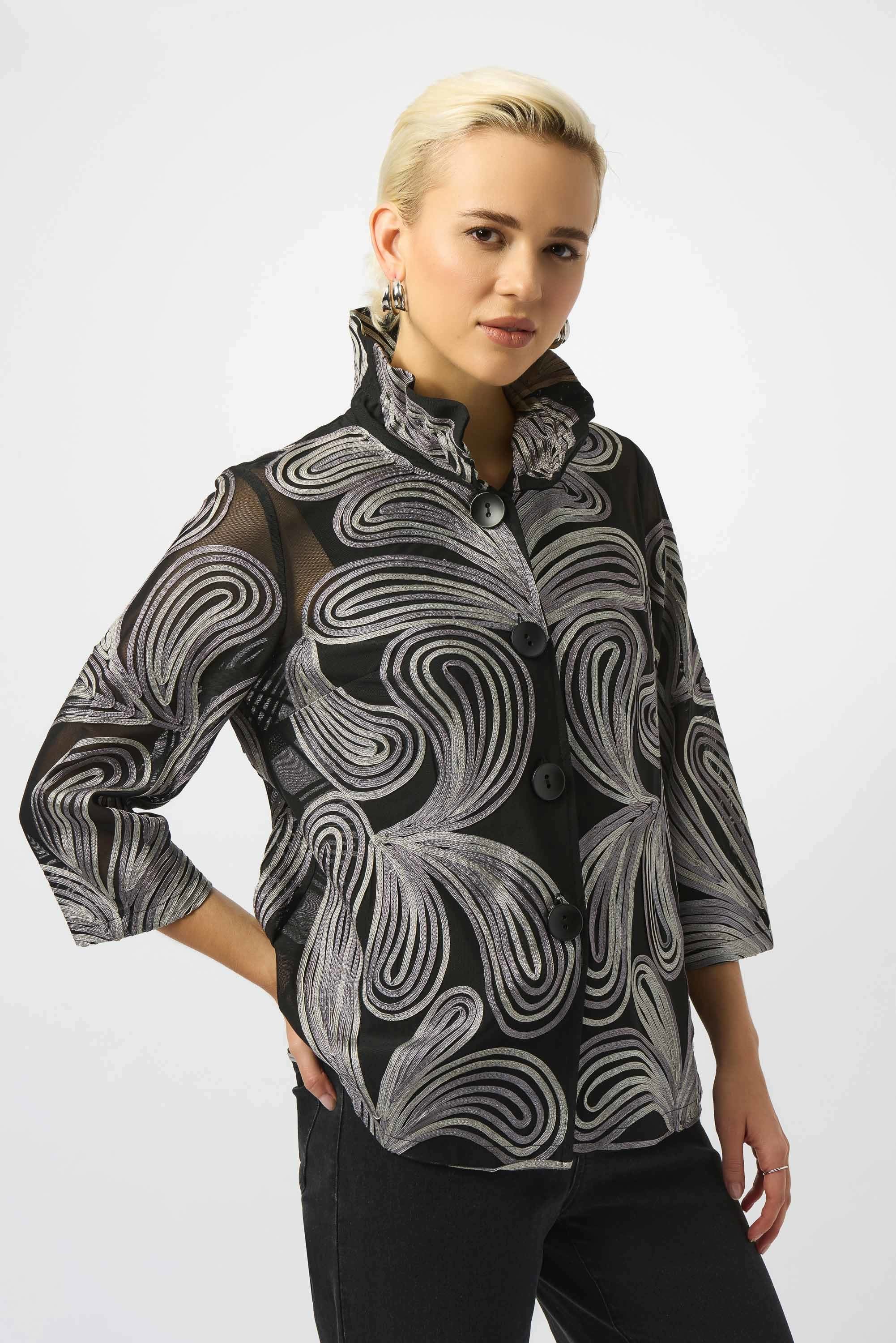 Front Image of Joseph Ribkoff Embroidered Mesh Straight Jacket in Black/Multi