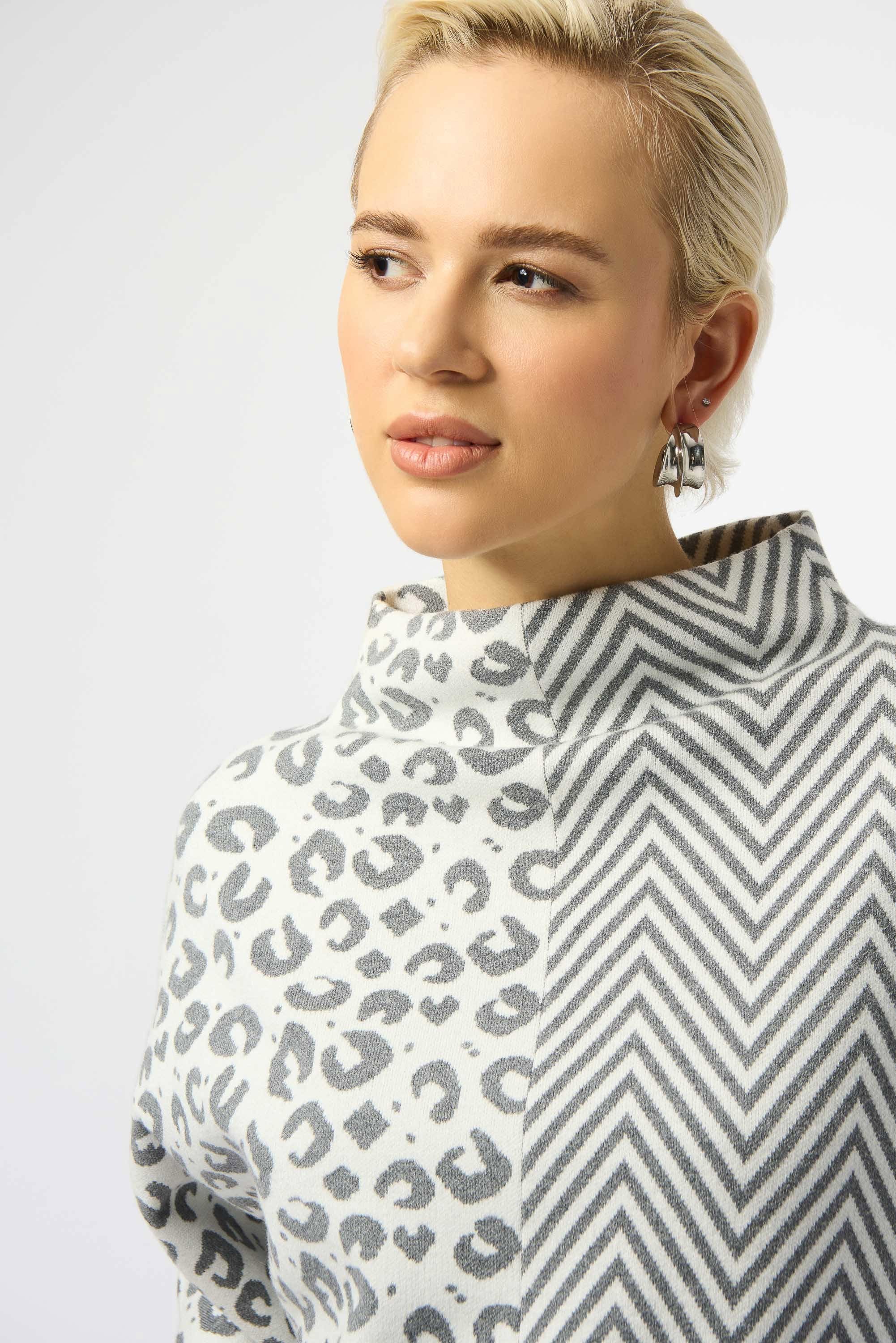 Front Close Up Image of Joseph Ribkoff jacquard Knit Mixed Print Boxy Sweater in vanilla/grey