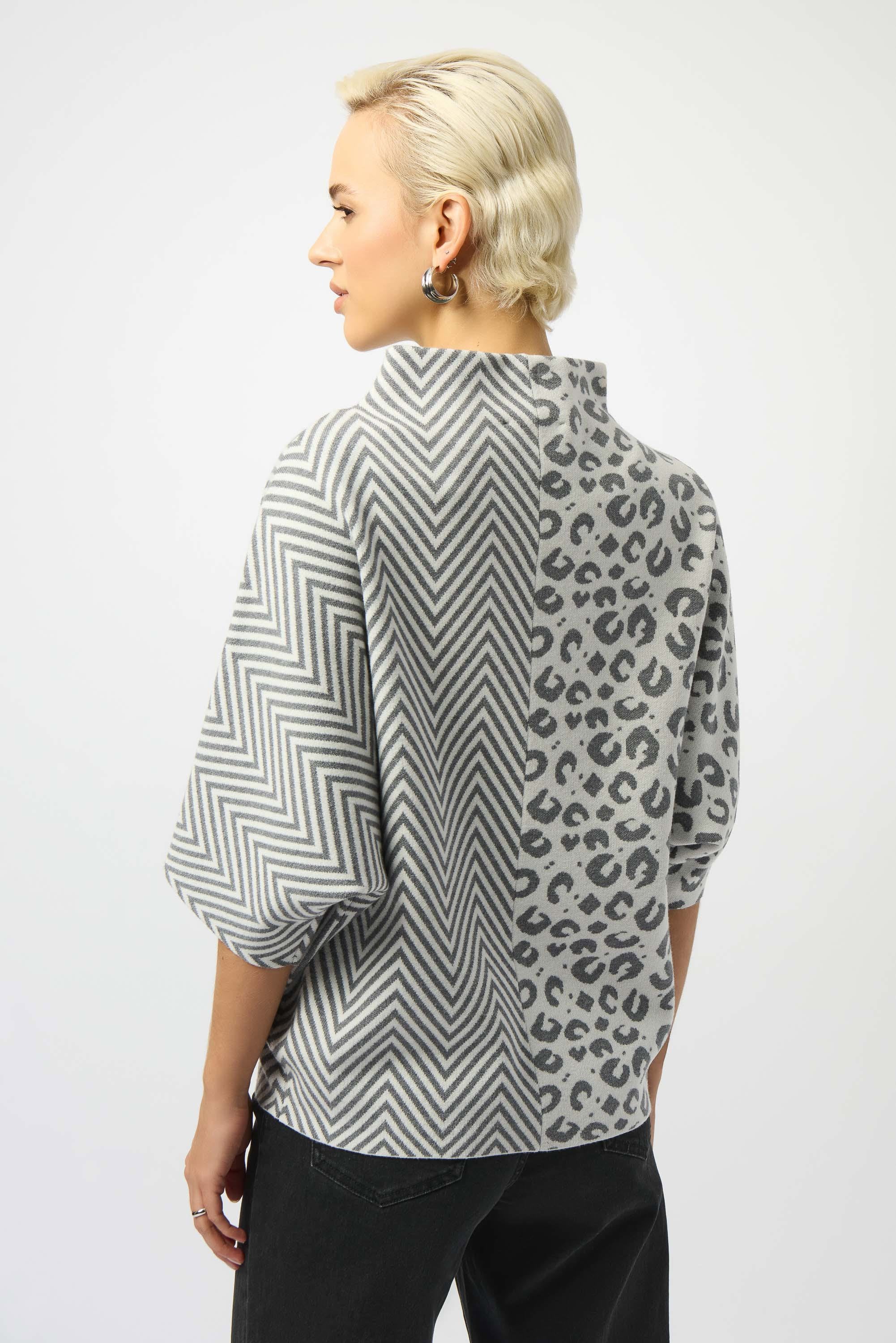 Back Image of Joseph Ribkoff jacquard Knit Mixed Print Boxy Sweater in vanilla/grey