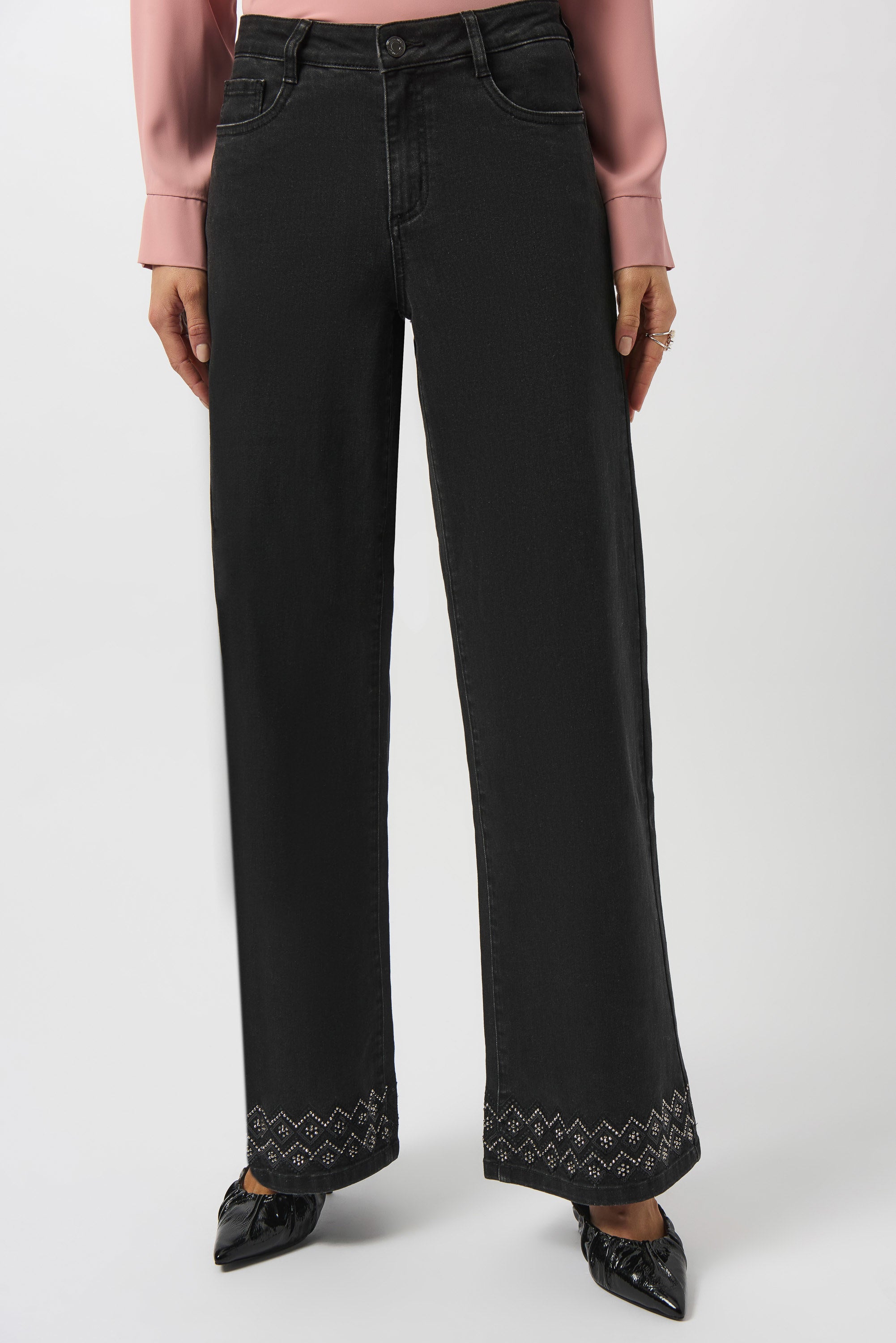 Front image of Joseph Ribkoff wide leg stretch denim pant in charcoal grey.